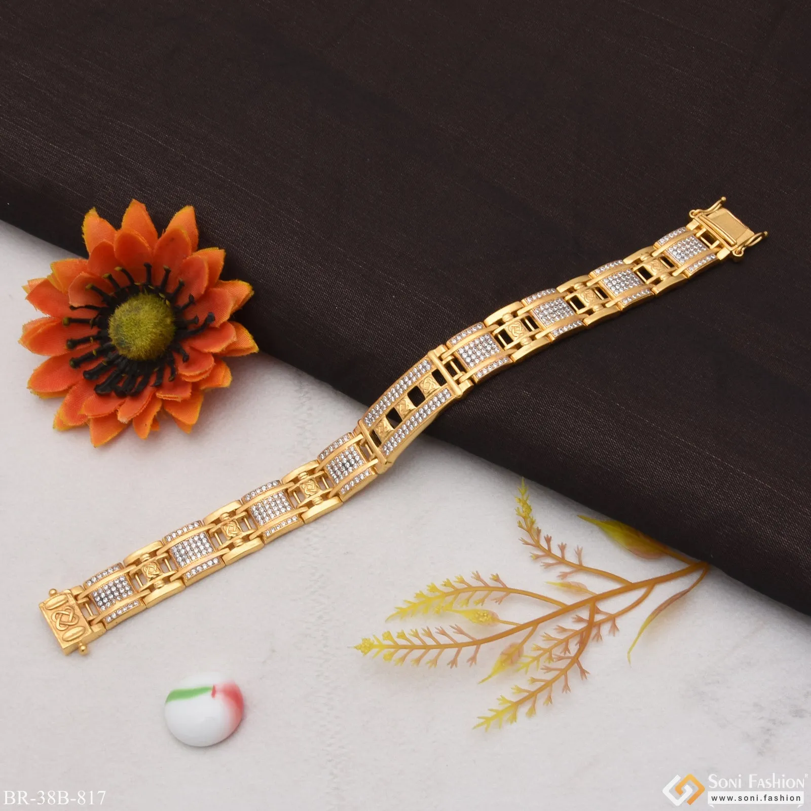 1 Gram Gold Forming Cube with Diamond Delicate Design Bracelet for Men - Style B817