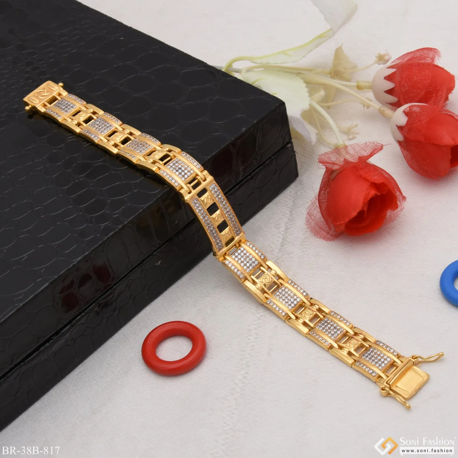 1 Gram Gold Forming Cube with Diamond Delicate Design Bracelet for Men - Style B817