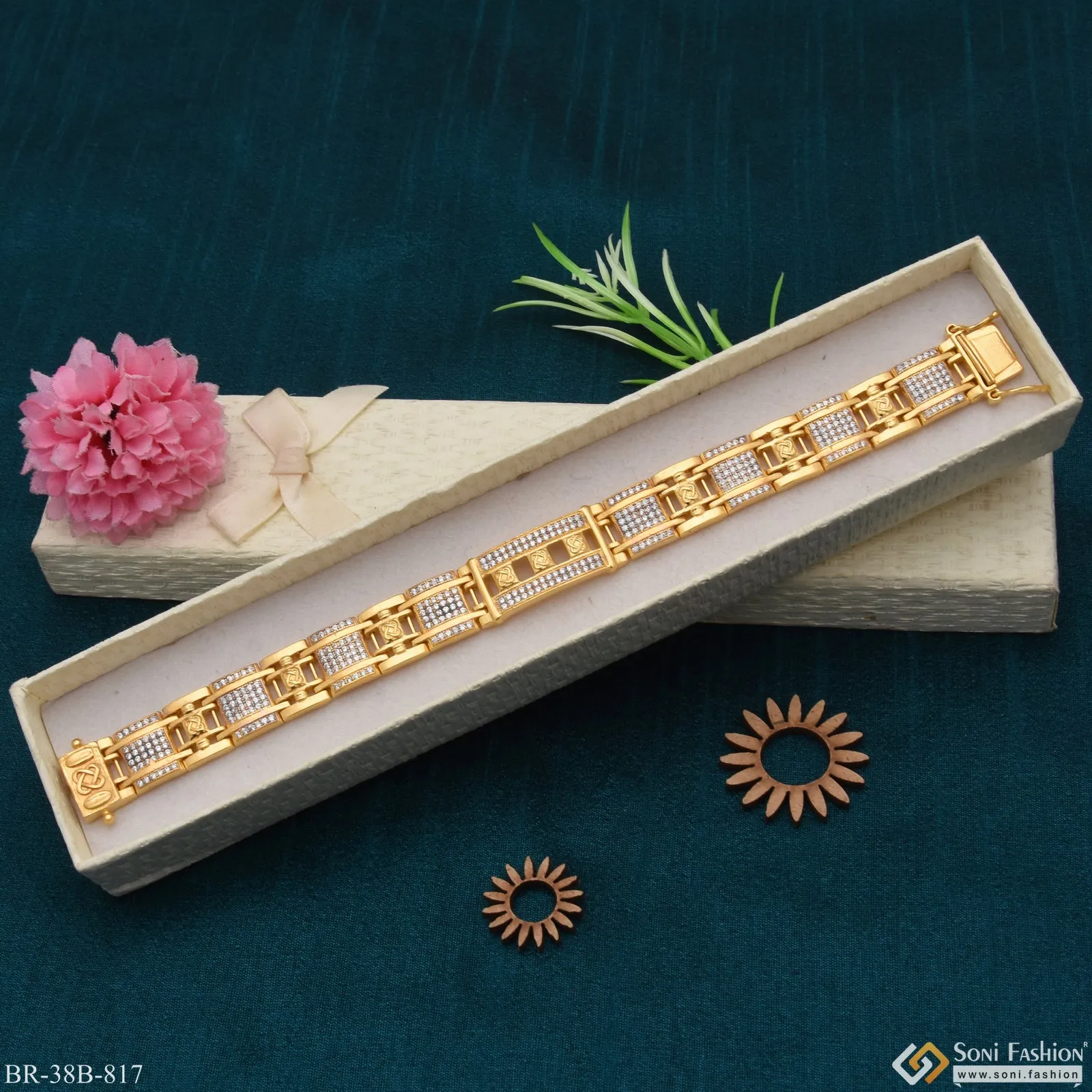 1 Gram Gold Forming Cube with Diamond Delicate Design Bracelet for Men - Style B817
