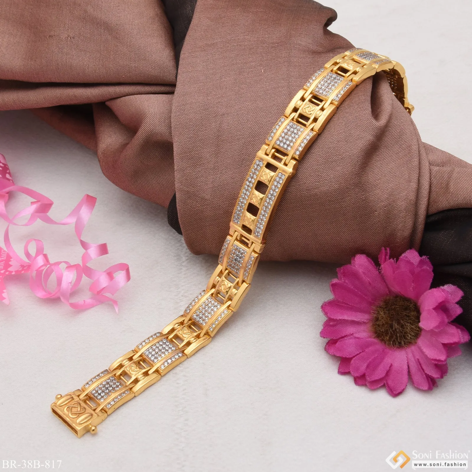1 Gram Gold Forming Cube with Diamond Delicate Design Bracelet for Men - Style B817