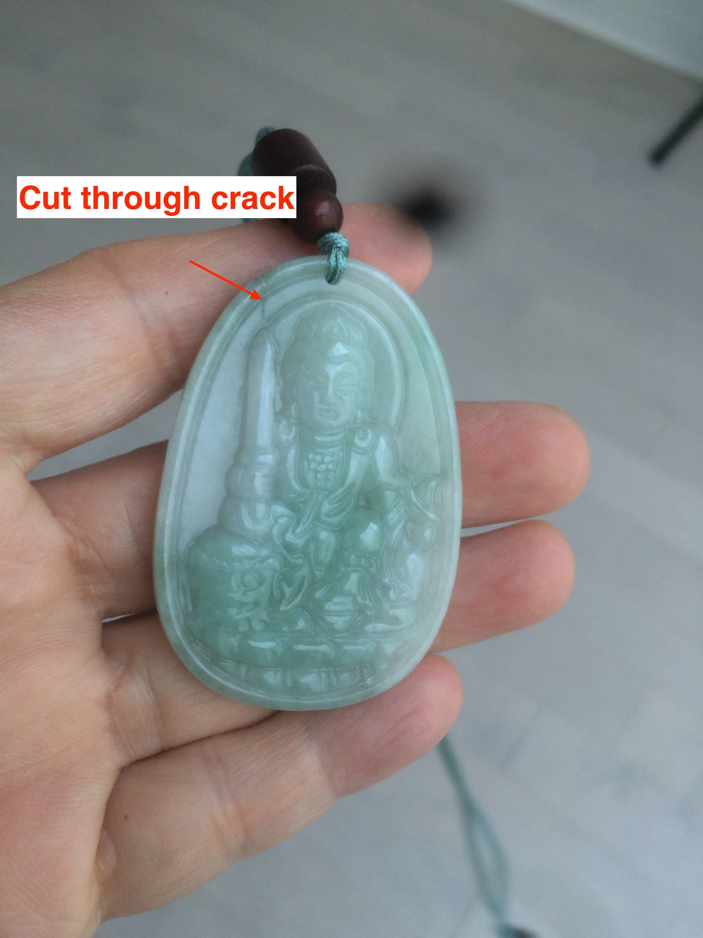 100% natural light green/white Guanyin (降魔观音)jadeite jade necklace AF36