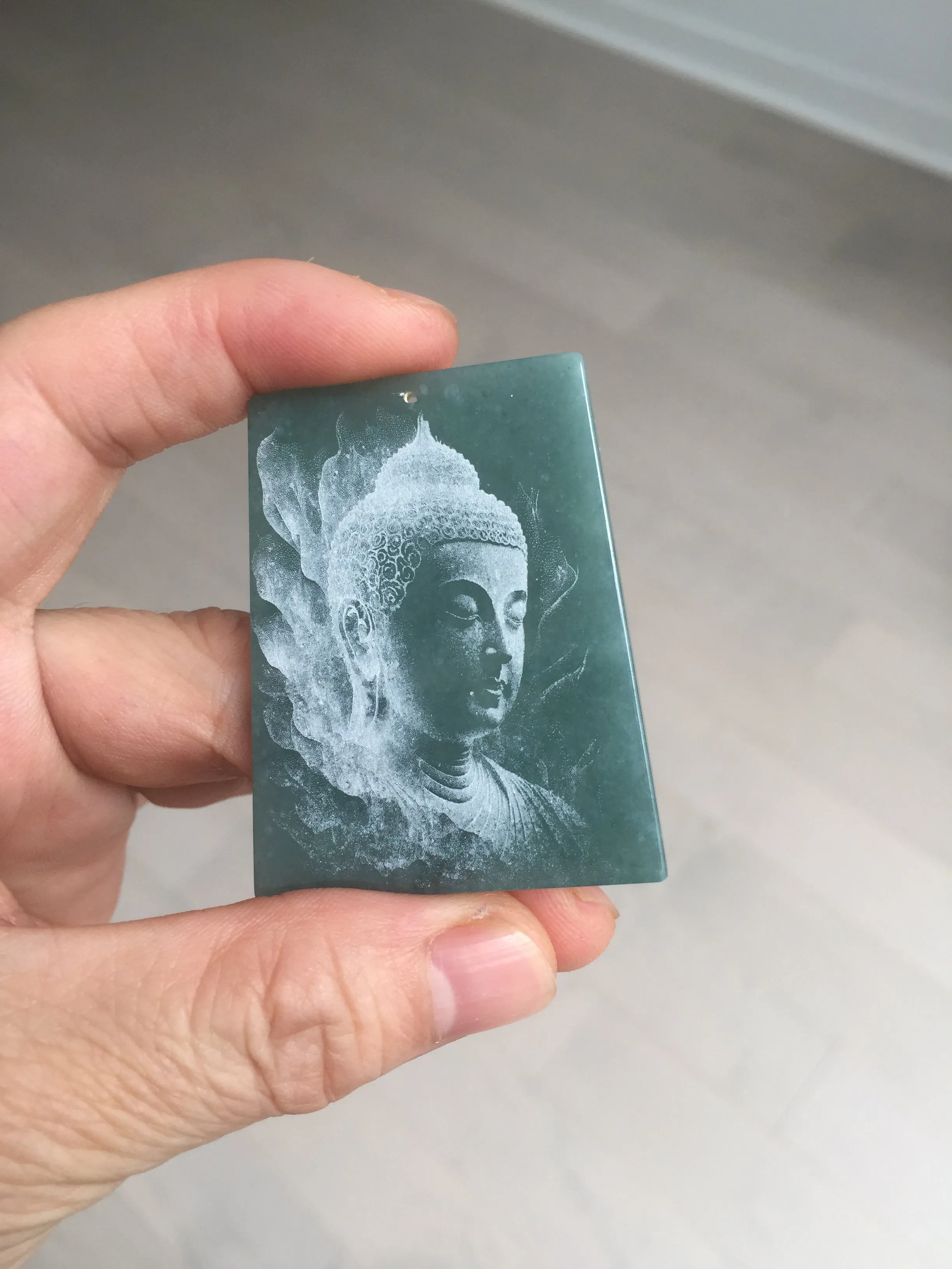 100% Natural type A green/blue/gray Guatemala jadeite Jade shadow carving buddha pendant necklace BP114
