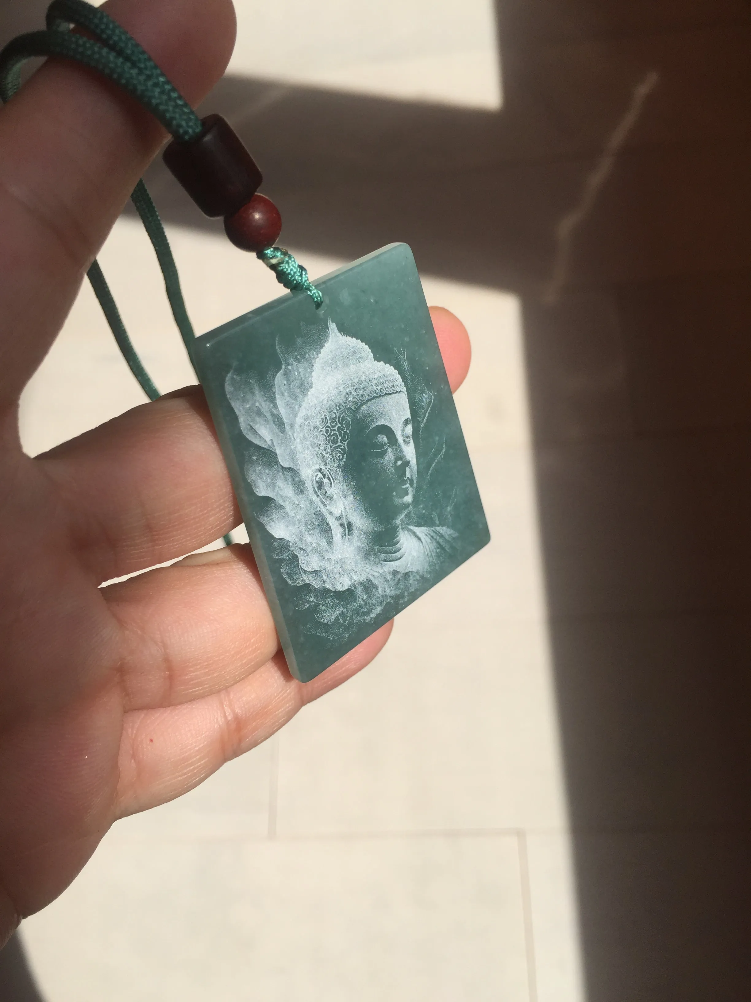 100% Natural type A green/blue/gray Guatemala jadeite Jade shadow carving buddha pendant necklace BP114