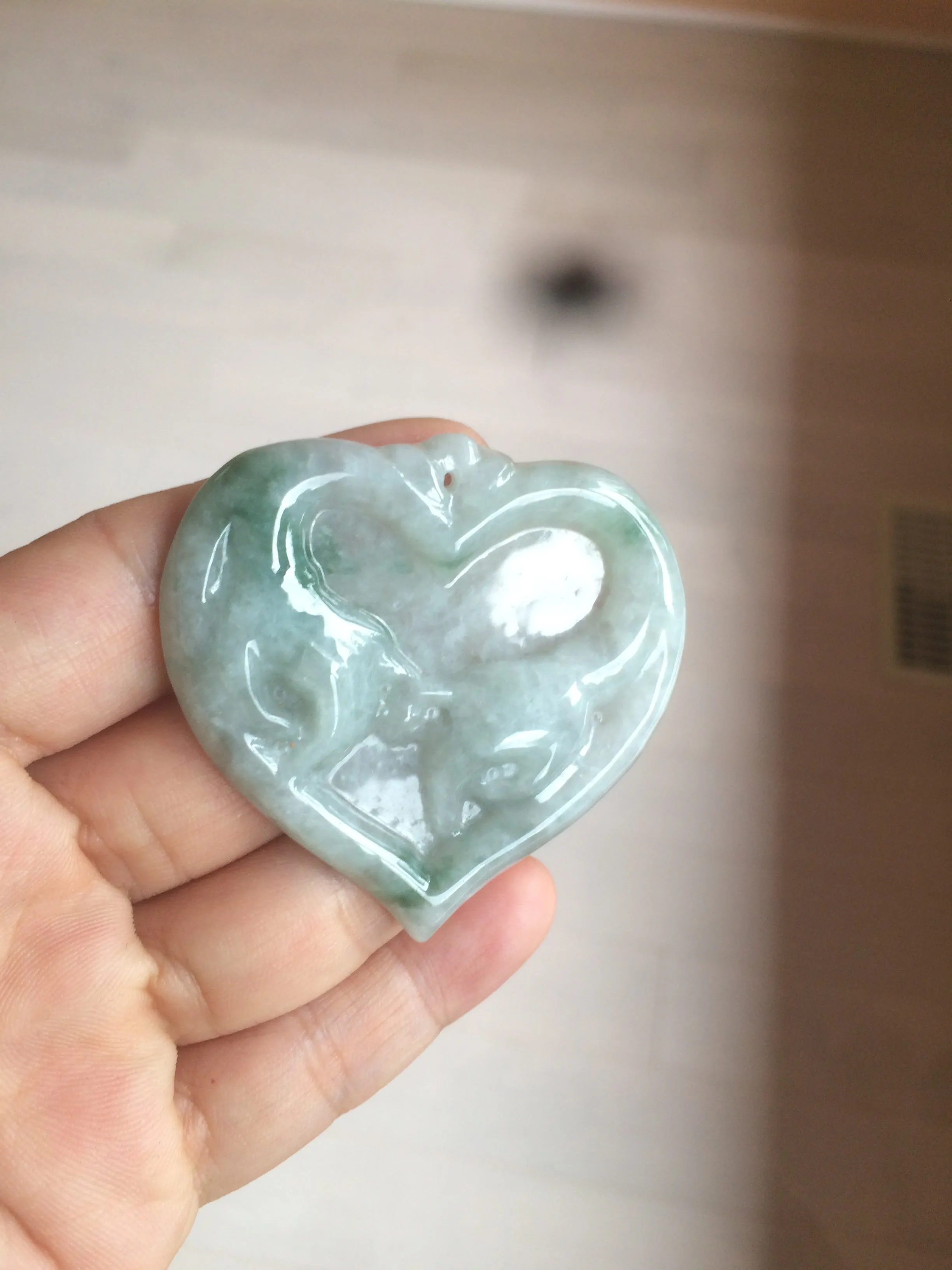 100% Natural type A light green/white concentric hearts/pinky promise(执子之手，与子偕老) jadeite Jade pendant necklace AZ74