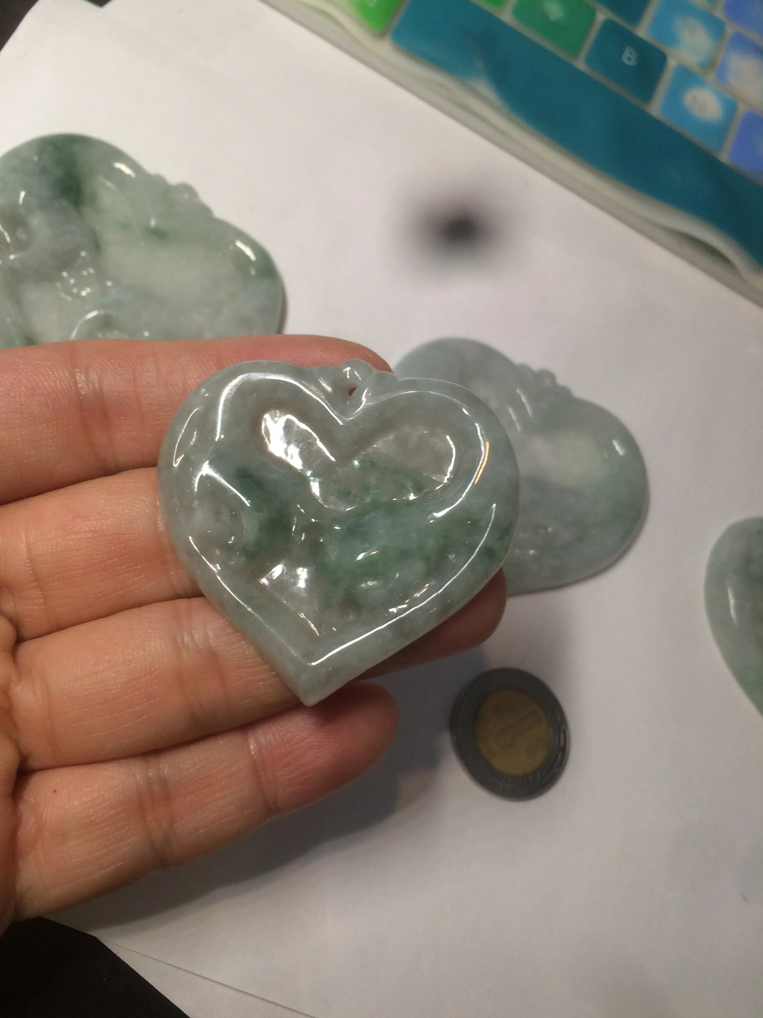 100% Natural type A light green/white concentric hearts/pinky promise(执子之手，与子偕老) jadeite Jade pendant necklace AZ74