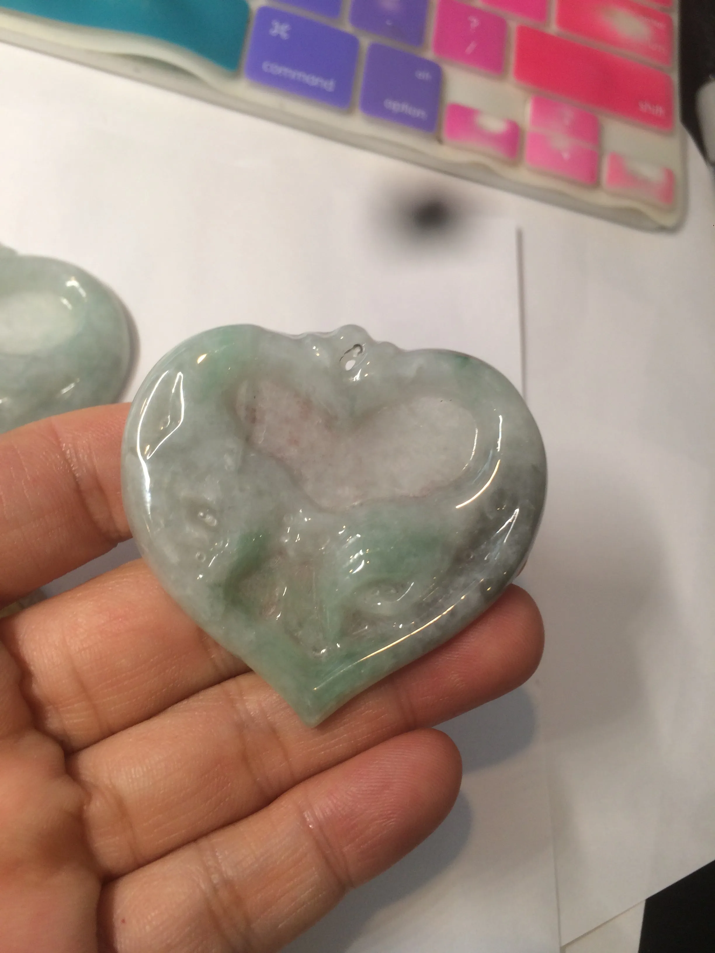 100% Natural type A light green/white concentric hearts/pinky promise(执子之手，与子偕老) jadeite Jade pendant necklace AZ74