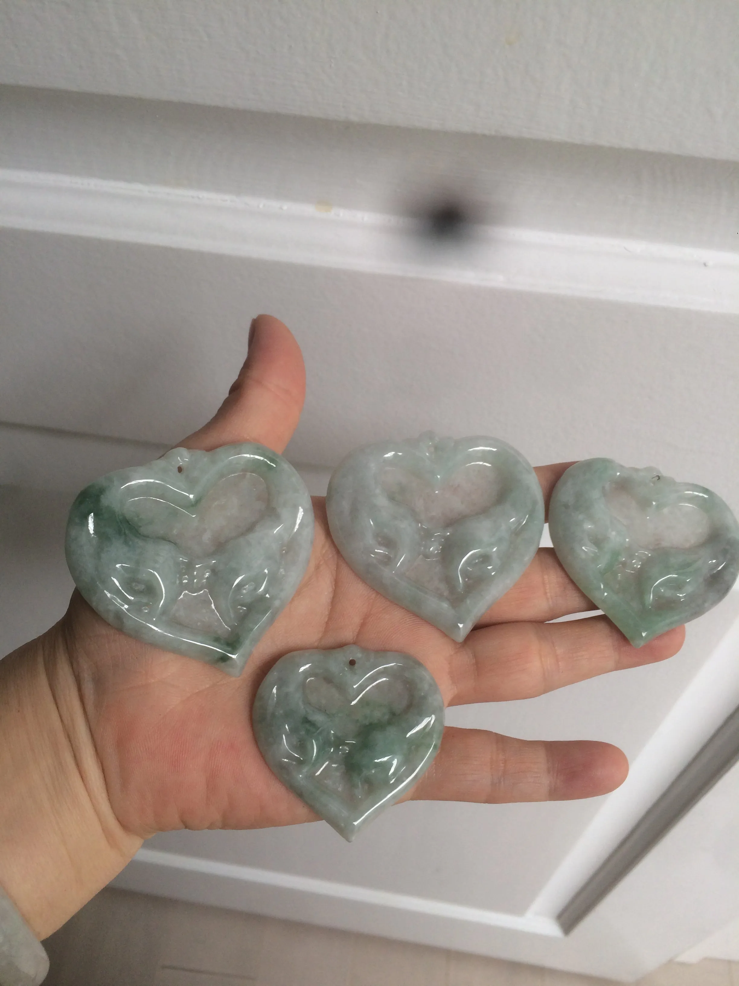 100% Natural type A light green/white concentric hearts/pinky promise(执子之手，与子偕老) jadeite Jade pendant necklace AZ74