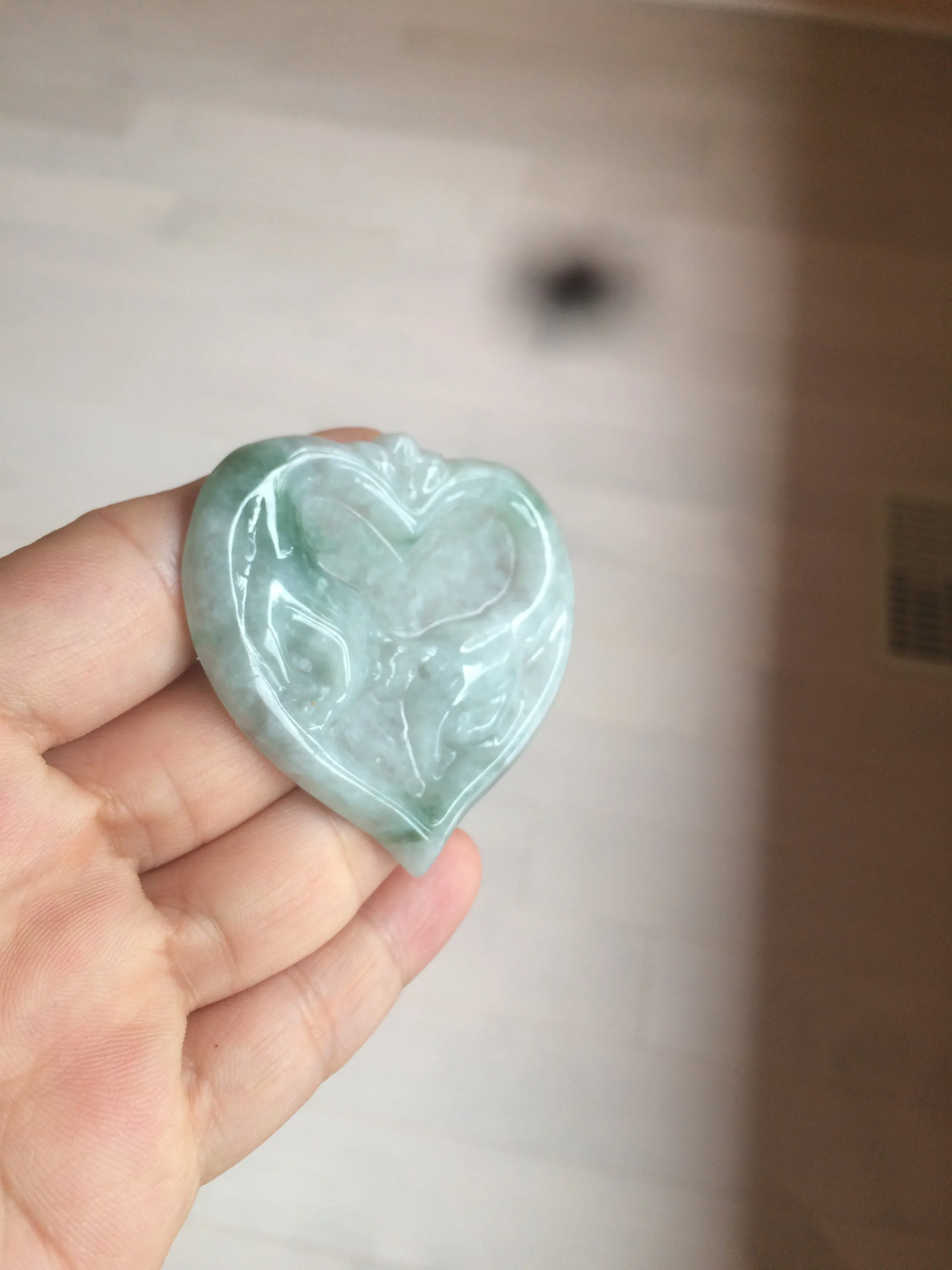 100% Natural type A light green/white concentric hearts/pinky promise(执子之手，与子偕老) jadeite Jade pendant necklace AZ74