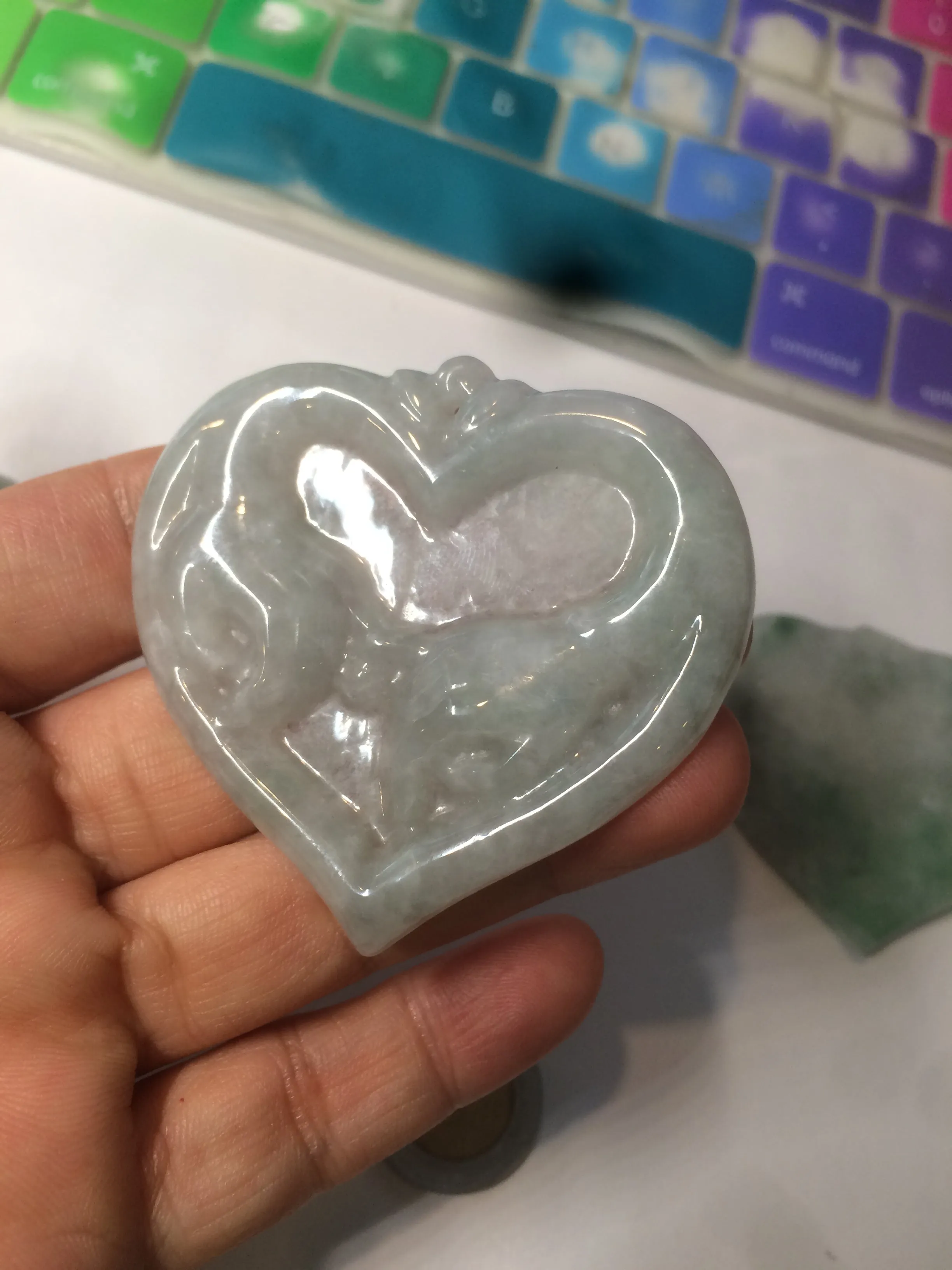 100% Natural type A light green/white concentric hearts/pinky promise(执子之手，与子偕老) jadeite Jade pendant necklace AZ74