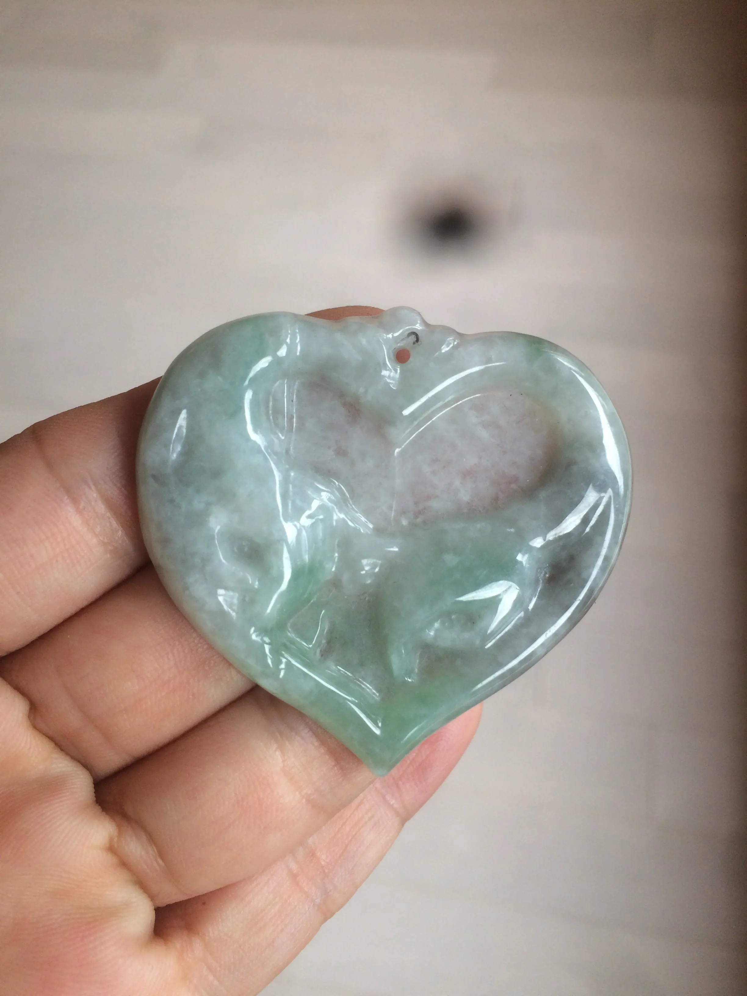 100% Natural type A light green/white concentric hearts/pinky promise(执子之手，与子偕老) jadeite Jade pendant necklace AZ74