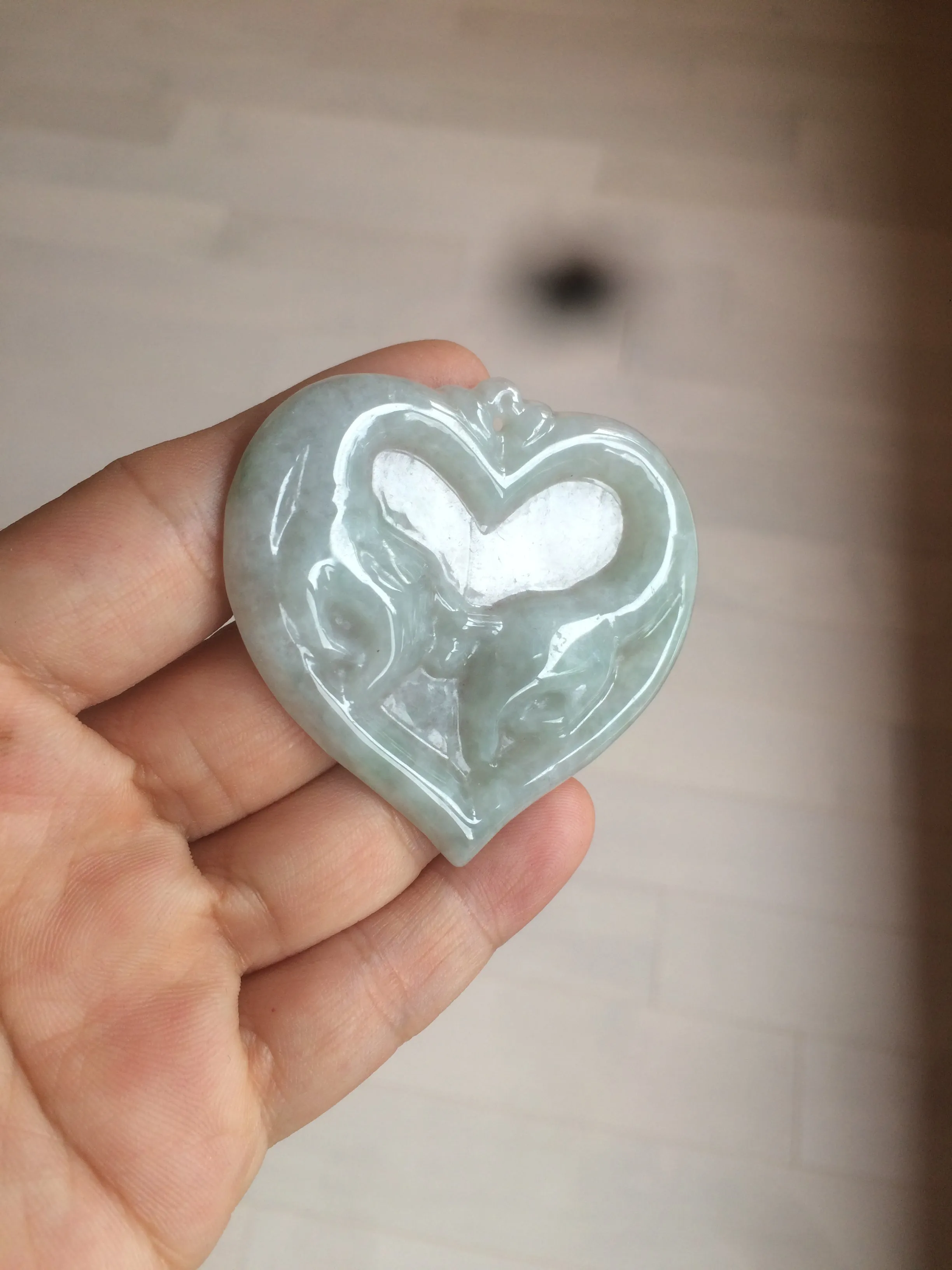100% Natural type A light green/white concentric hearts/pinky promise(执子之手，与子偕老) jadeite Jade pendant necklace AZ74