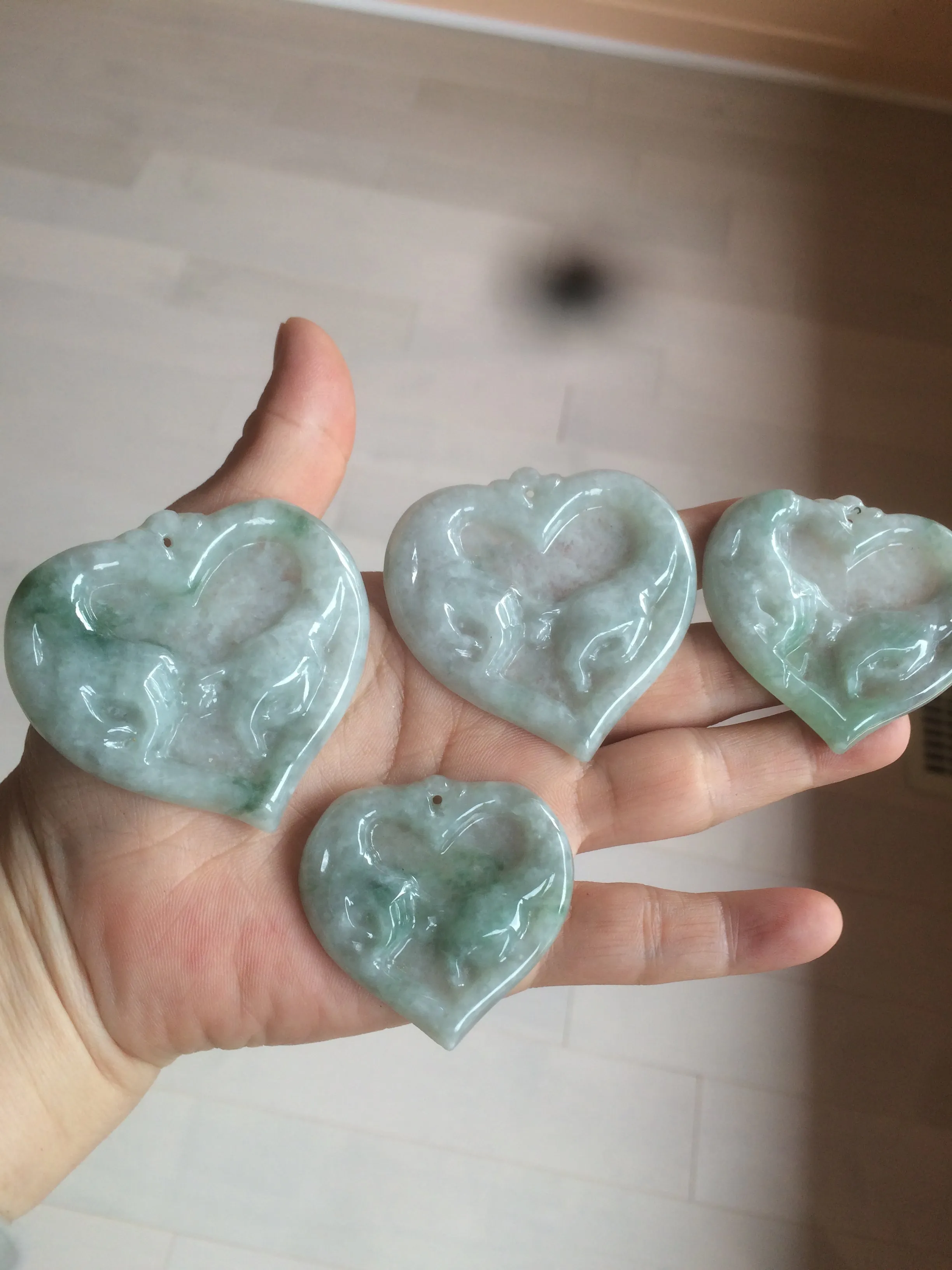 100% Natural type A light green/white concentric hearts/pinky promise(执子之手，与子偕老) jadeite Jade pendant necklace AZ74