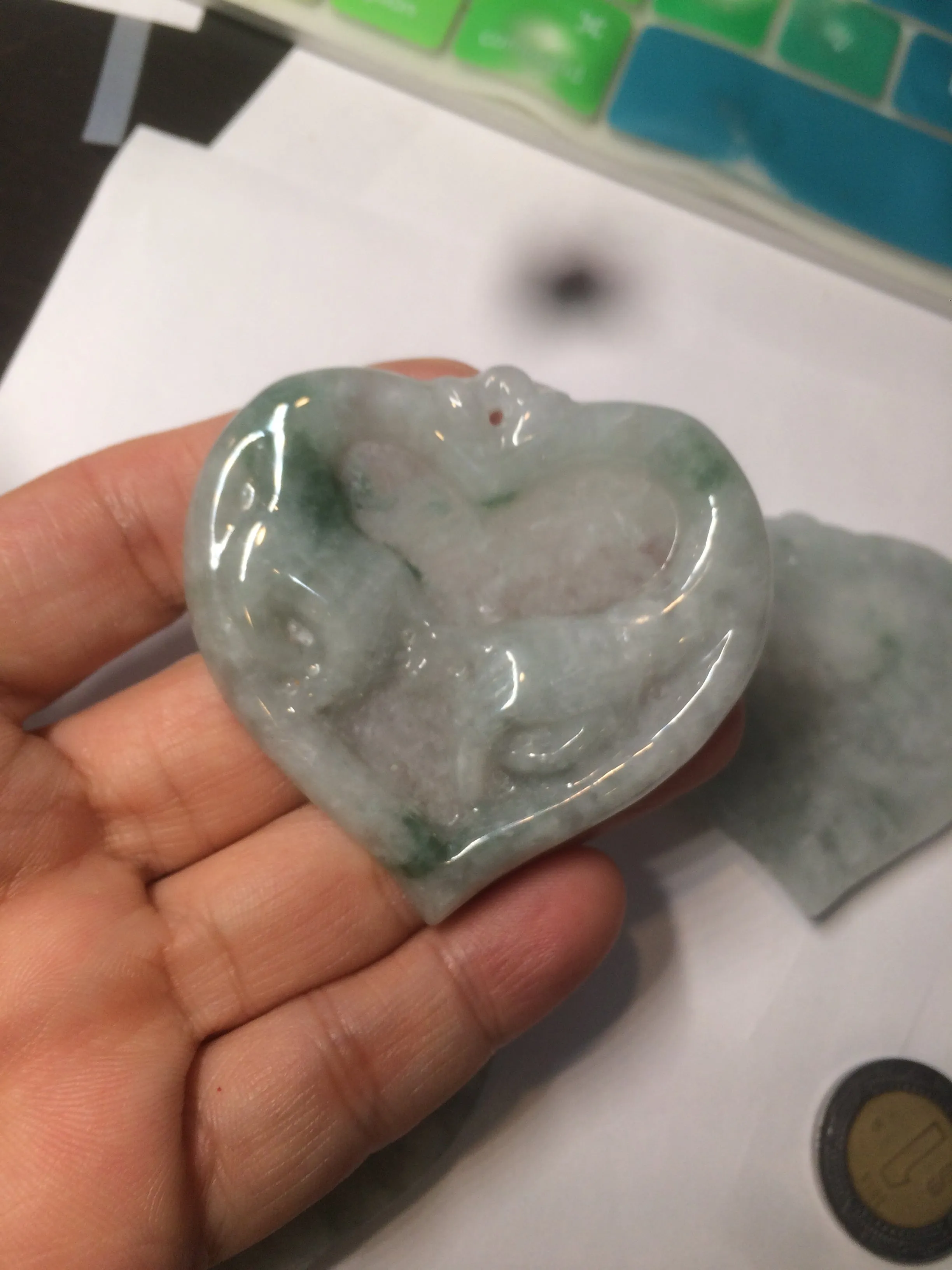 100% Natural type A light green/white concentric hearts/pinky promise(执子之手，与子偕老) jadeite Jade pendant necklace AZ74