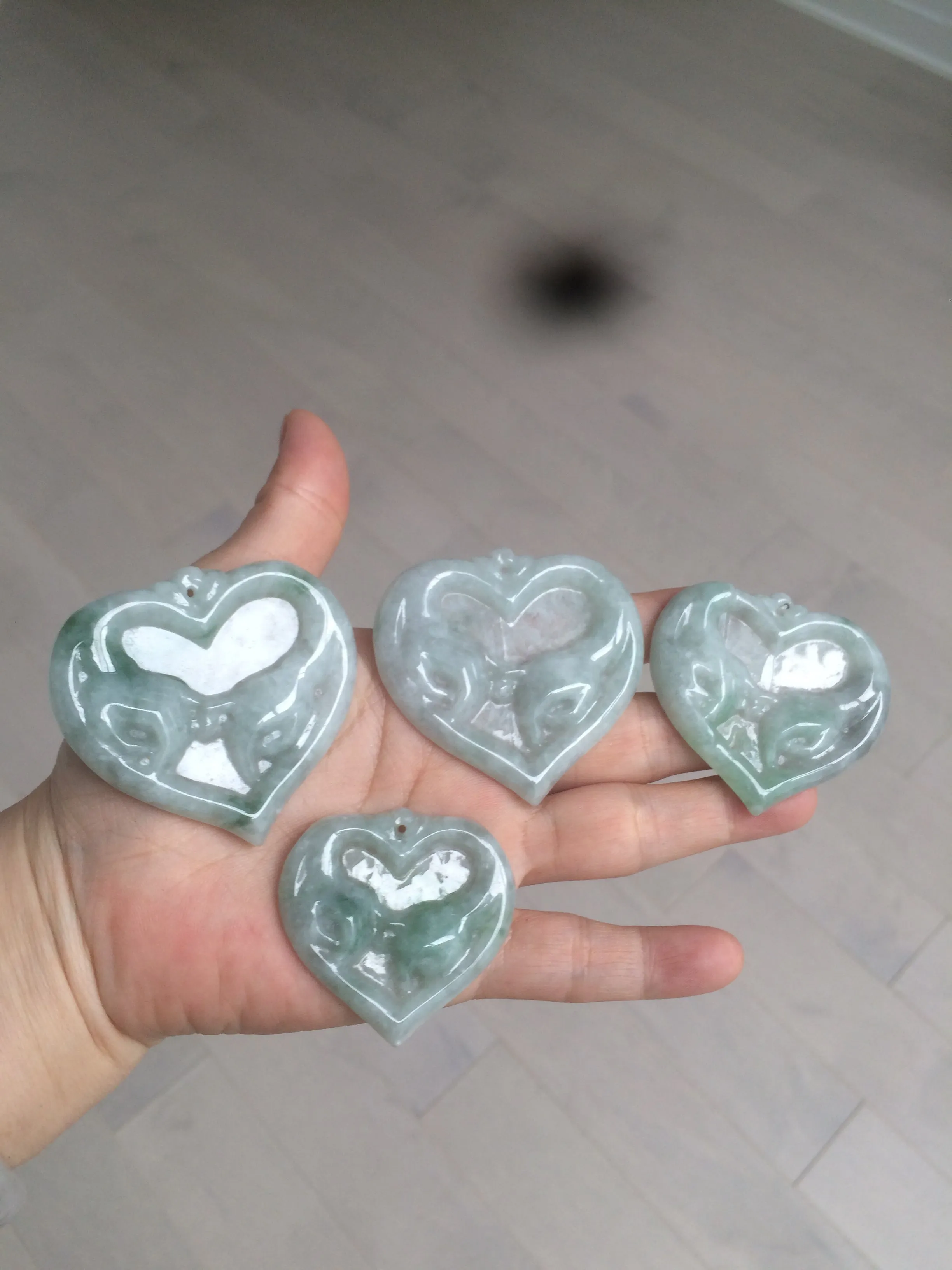 100% Natural type A light green/white concentric hearts/pinky promise(执子之手，与子偕老) jadeite Jade pendant necklace AZ74
