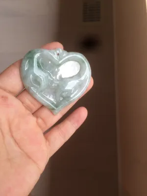 100% Natural type A light green/white concentric hearts/pinky promise(执子之手，与子偕老) jadeite Jade pendant necklace AZ74