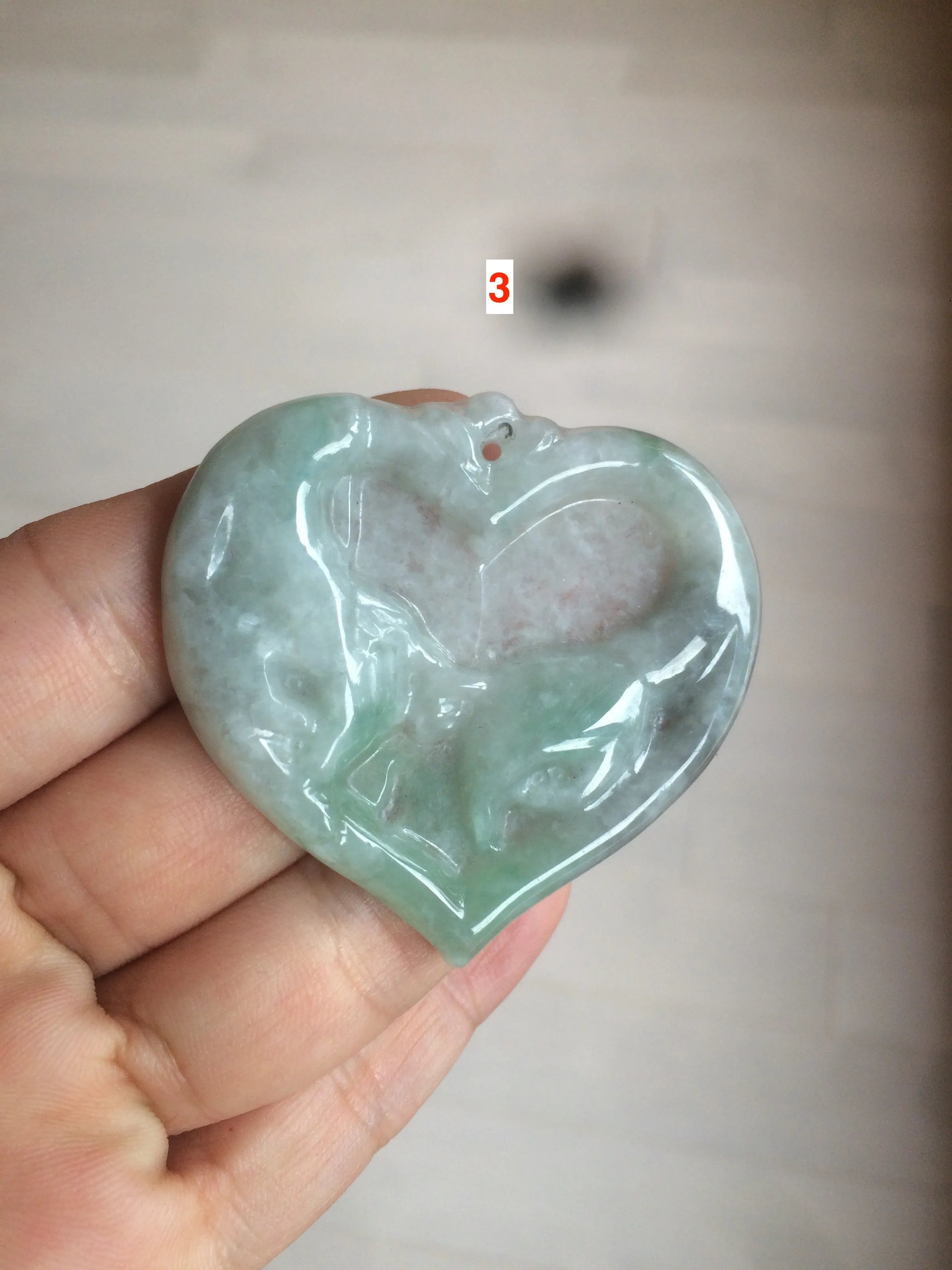 100% Natural type A light green/white concentric hearts/pinky promise(执子之手，与子偕老) jadeite Jade pendant necklace AZ74