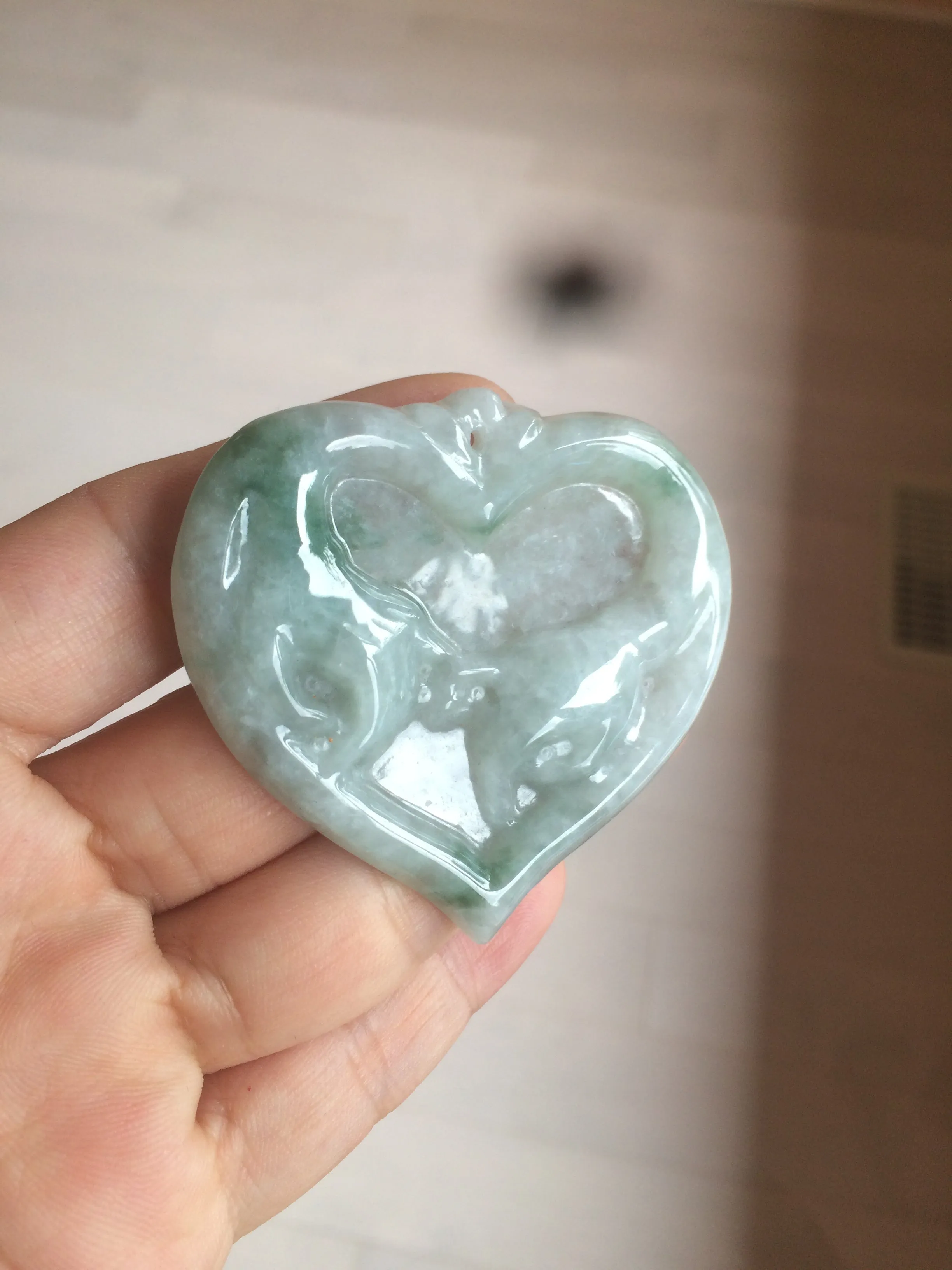 100% Natural type A light green/white concentric hearts/pinky promise(执子之手，与子偕老) jadeite Jade pendant necklace AZ74