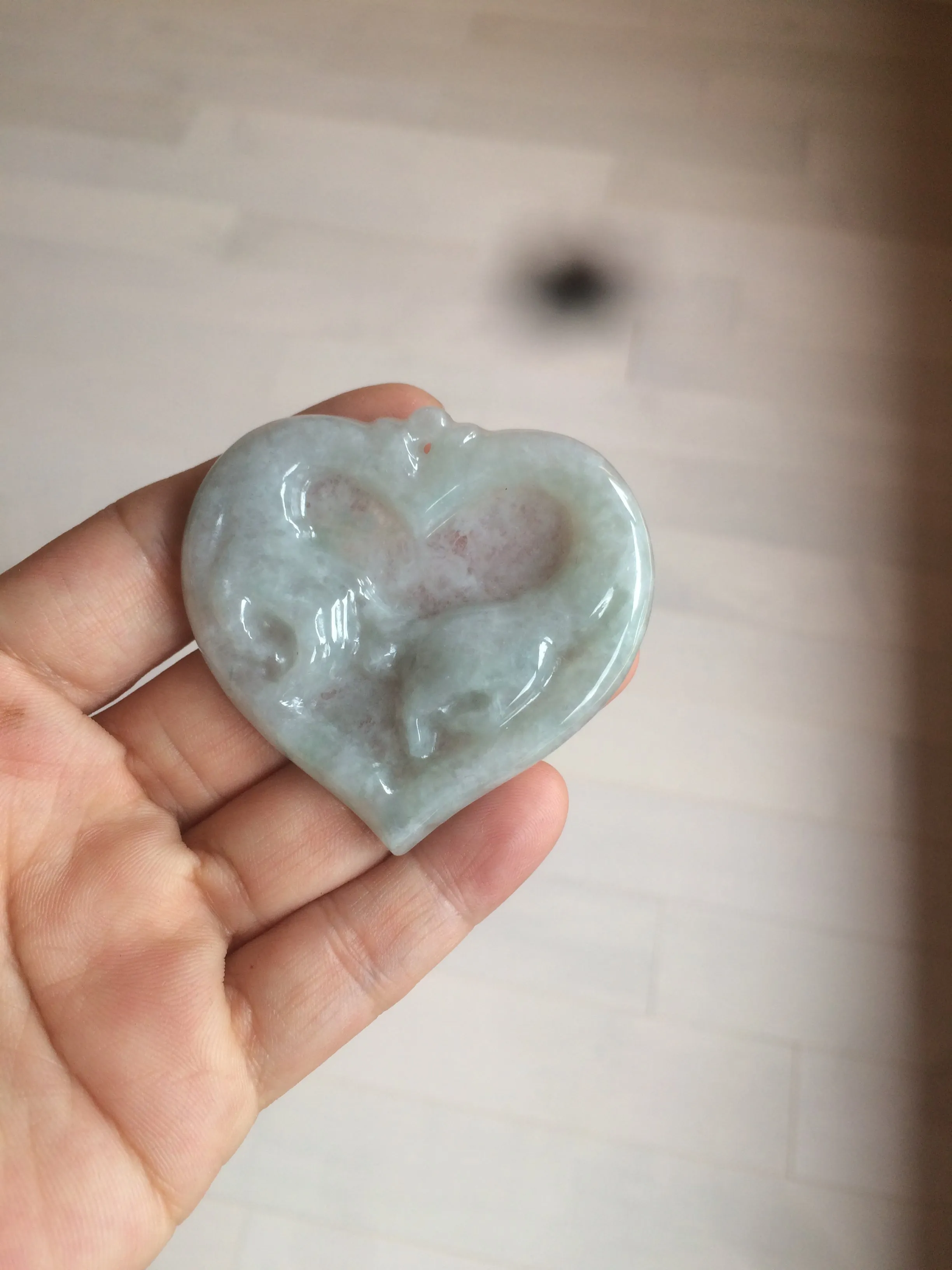 100% Natural type A light green/white concentric hearts/pinky promise(执子之手，与子偕老) jadeite Jade pendant necklace AZ74