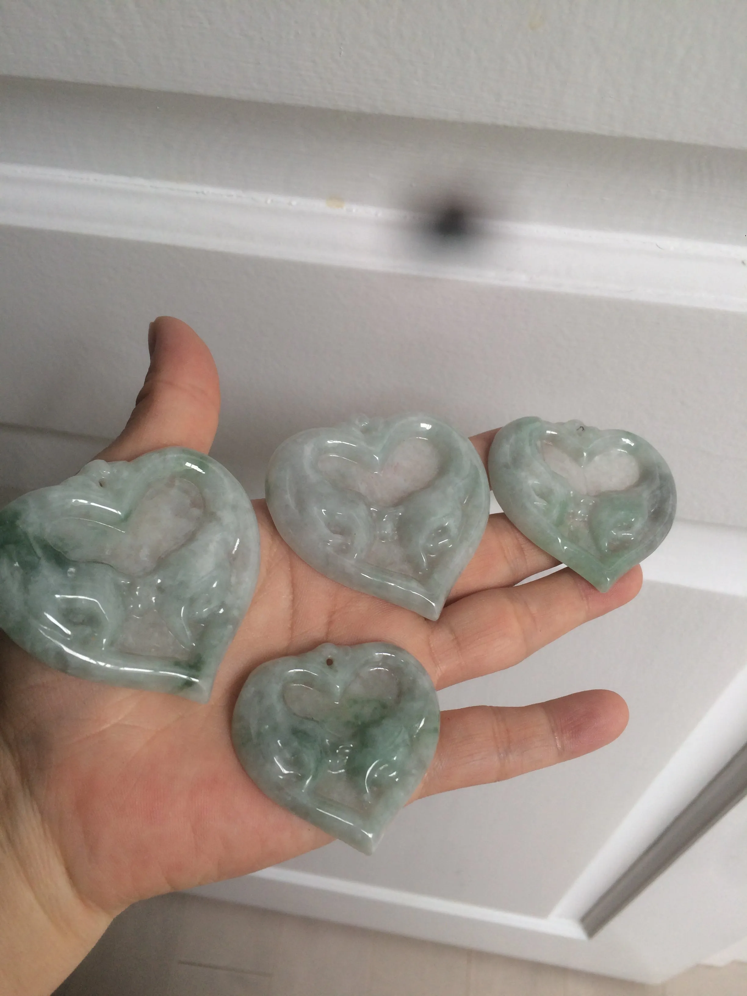 100% Natural type A light green/white concentric hearts/pinky promise(执子之手，与子偕老) jadeite Jade pendant necklace AZ74