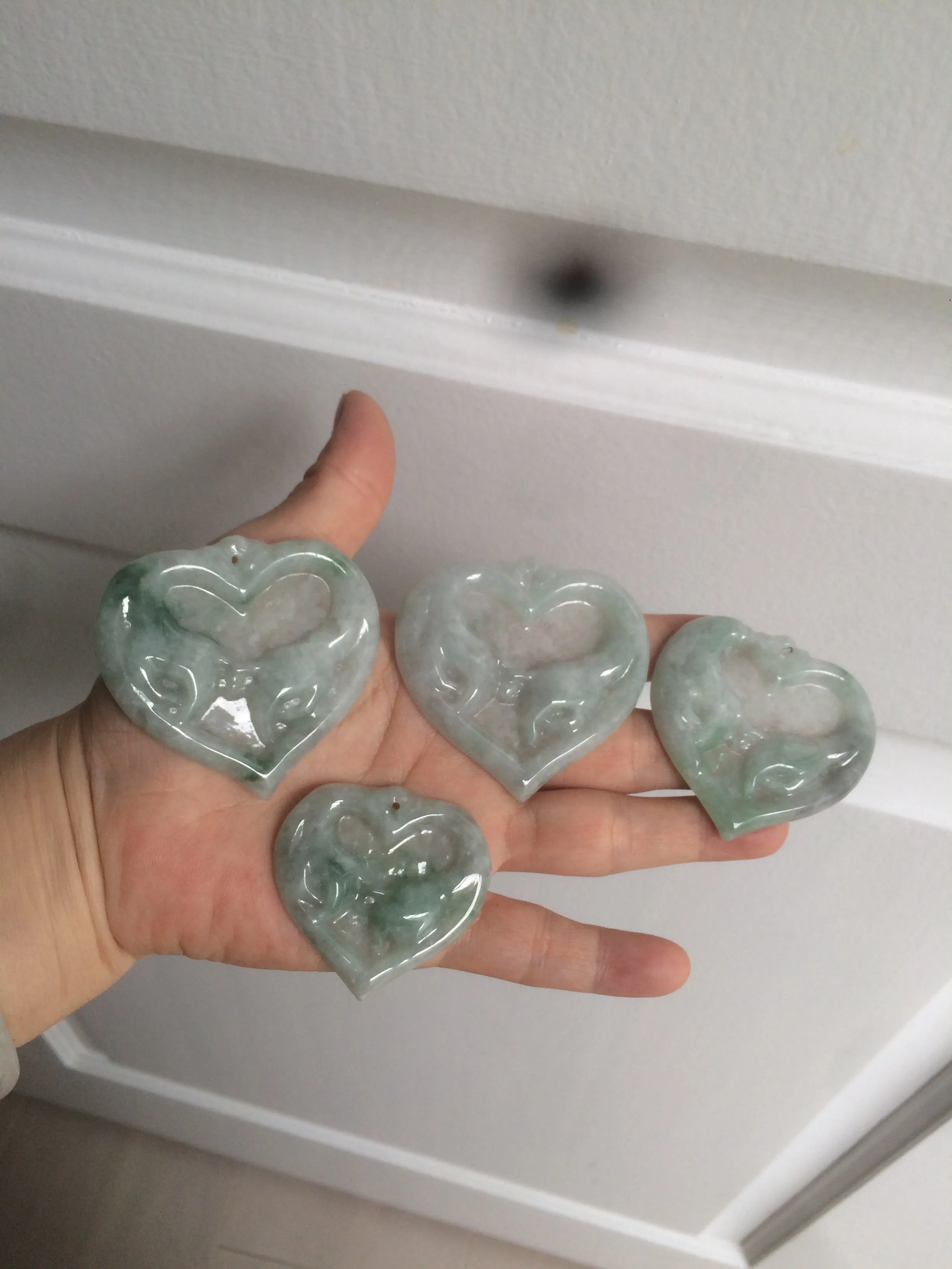 100% Natural type A light green/white concentric hearts/pinky promise(执子之手，与子偕老) jadeite Jade pendant necklace AZ74