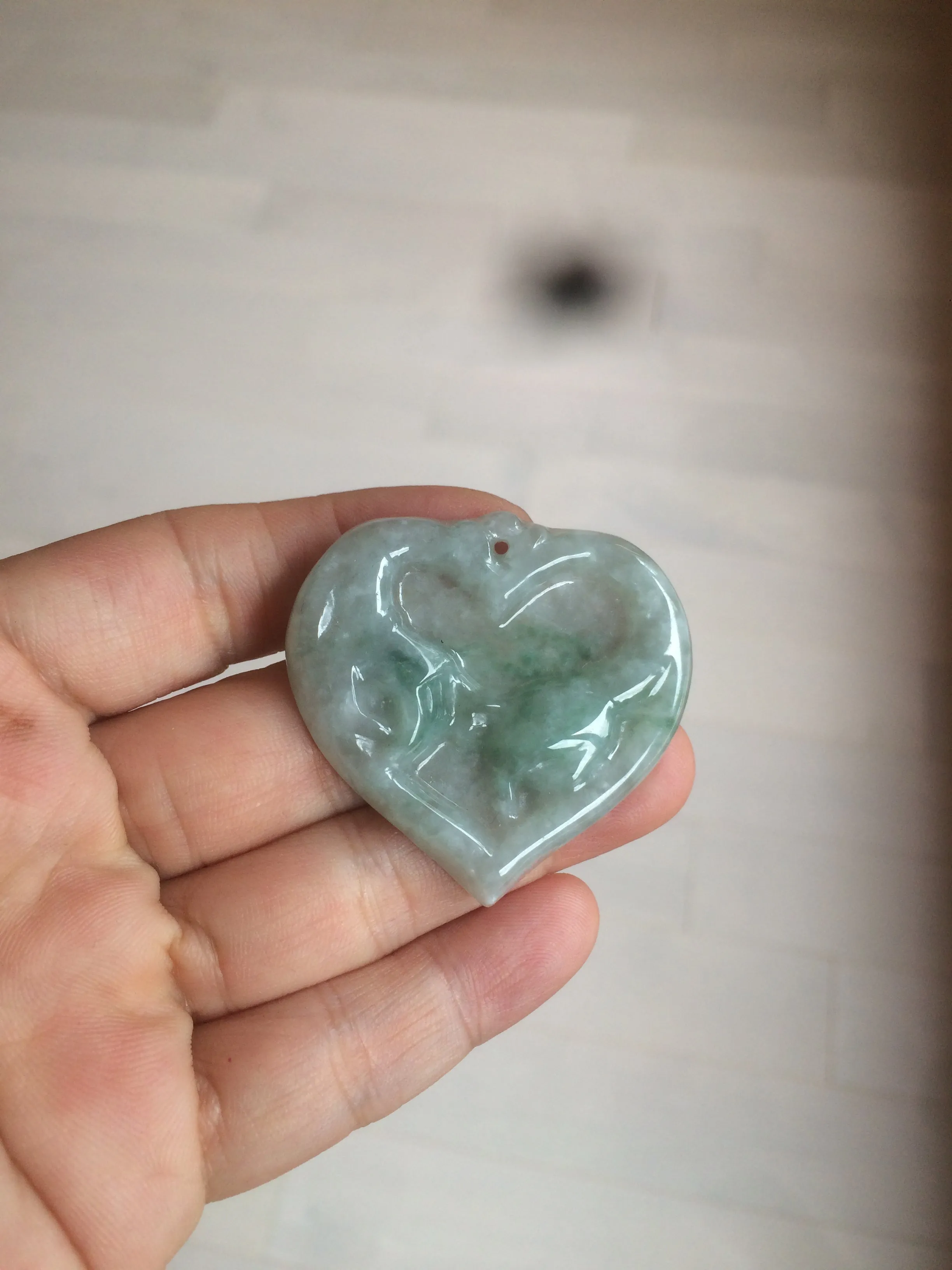 100% Natural type A light green/white concentric hearts/pinky promise(执子之手，与子偕老) jadeite Jade pendant necklace AZ74
