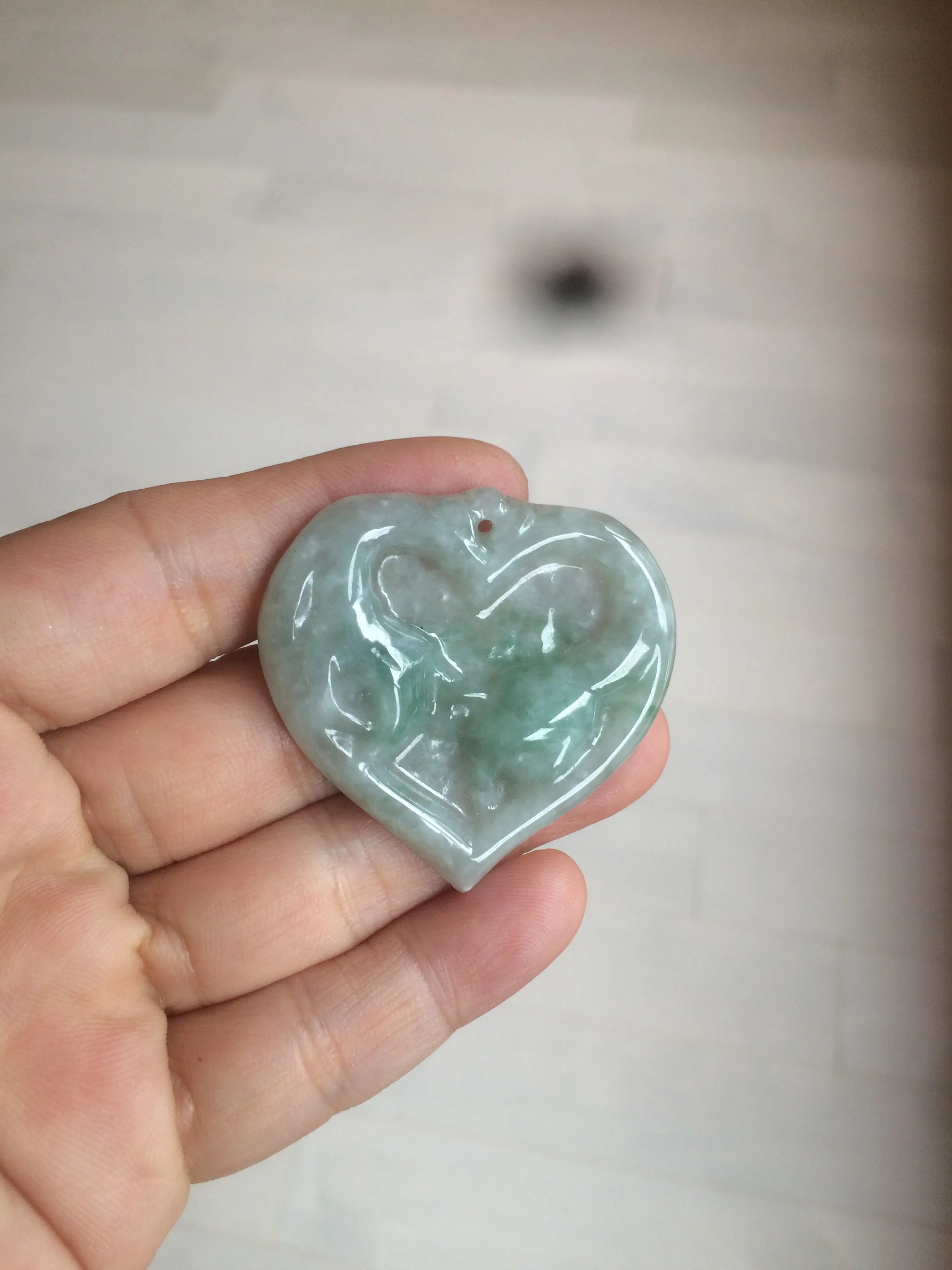 100% Natural type A light green/white concentric hearts/pinky promise(执子之手，与子偕老) jadeite Jade pendant necklace AZ74