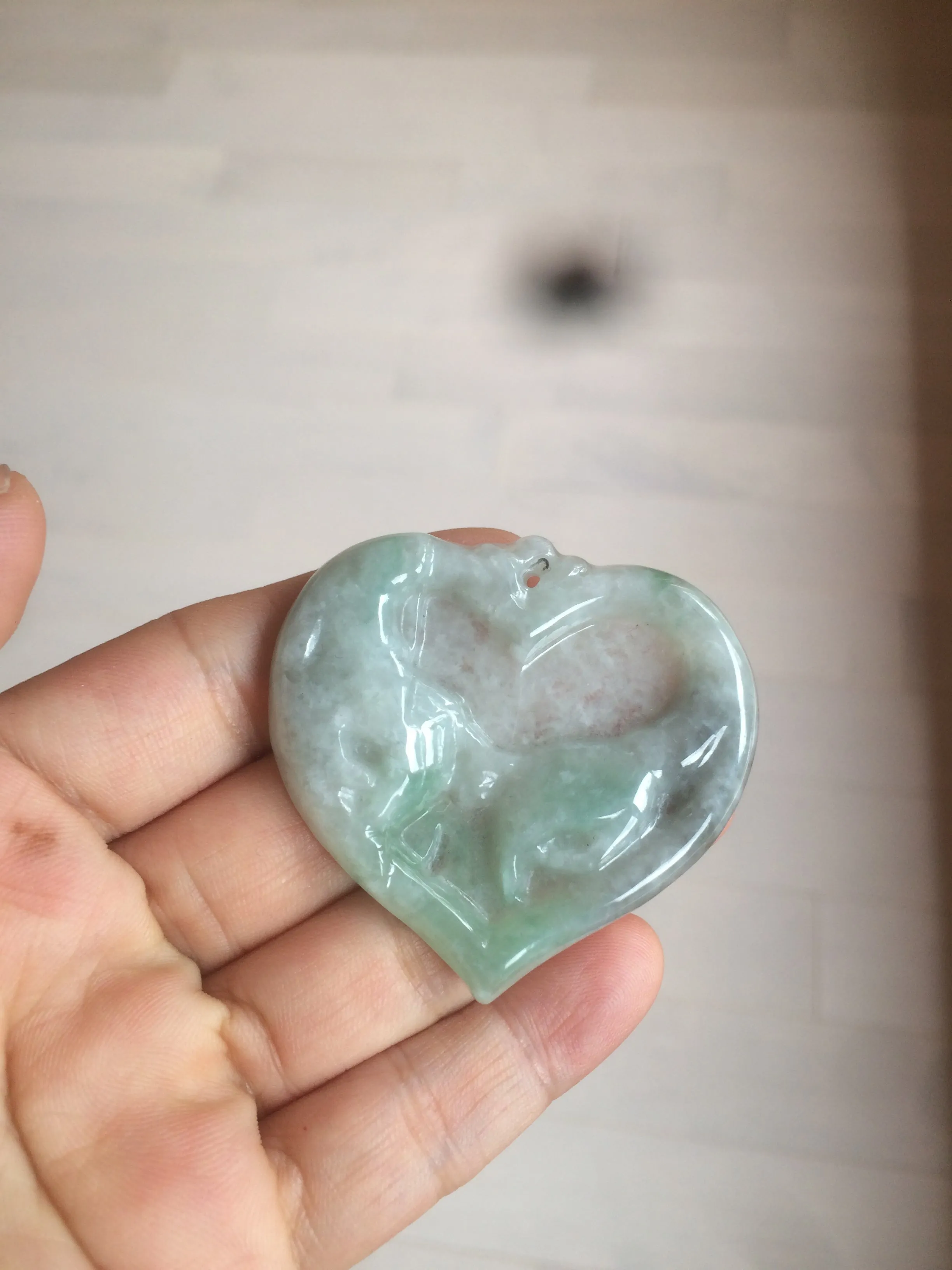 100% Natural type A light green/white concentric hearts/pinky promise(执子之手，与子偕老) jadeite Jade pendant necklace AZ74