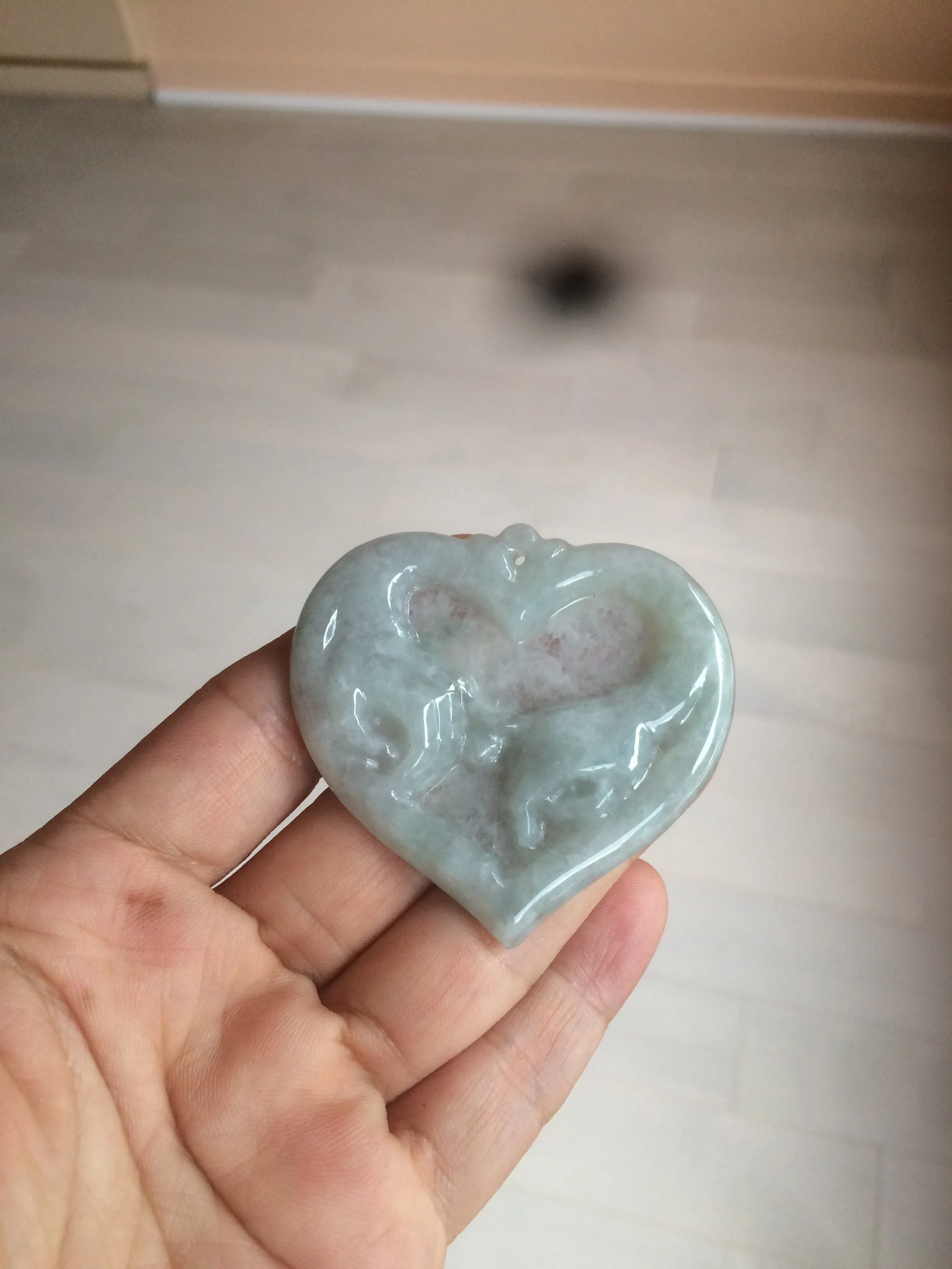 100% Natural type A light green/white concentric hearts/pinky promise(执子之手，与子偕老) jadeite Jade pendant necklace AZ74