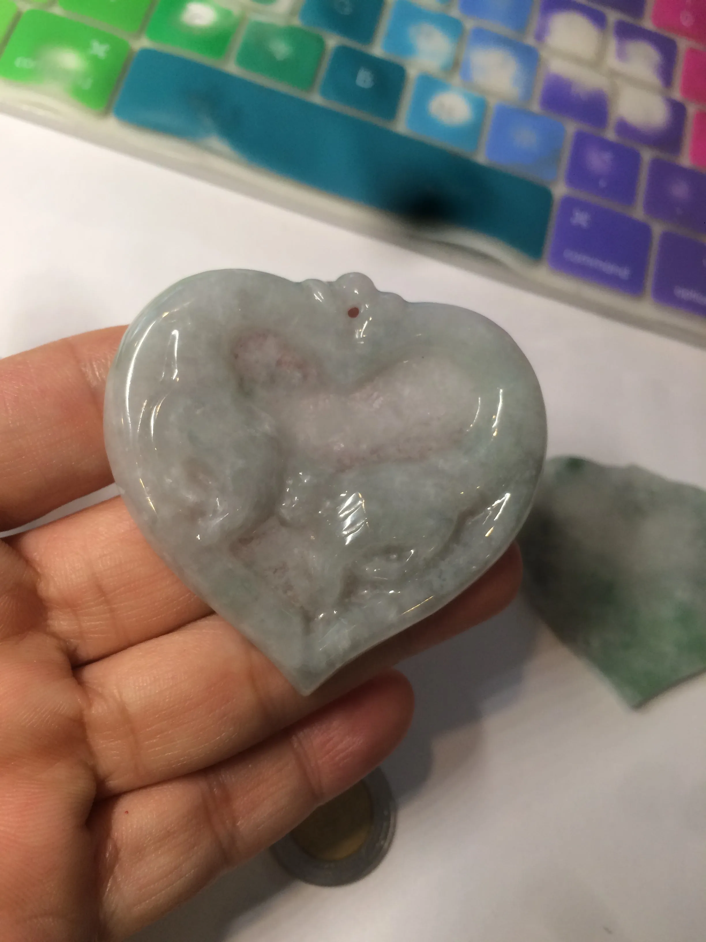 100% Natural type A light green/white concentric hearts/pinky promise(执子之手，与子偕老) jadeite Jade pendant necklace AZ74