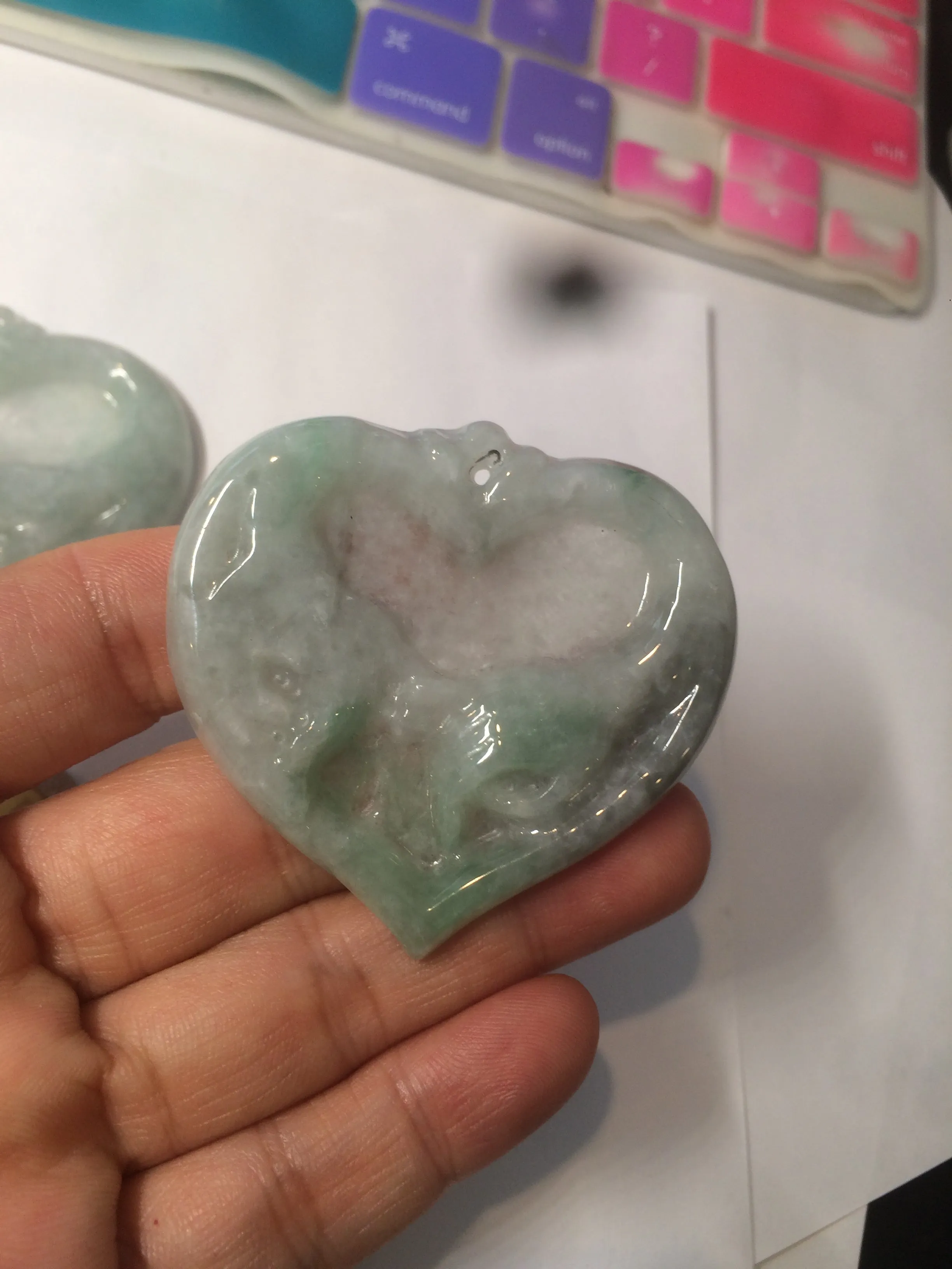 100% Natural type A light green/white concentric hearts/pinky promise(执子之手，与子偕老) jadeite Jade pendant necklace AZ74