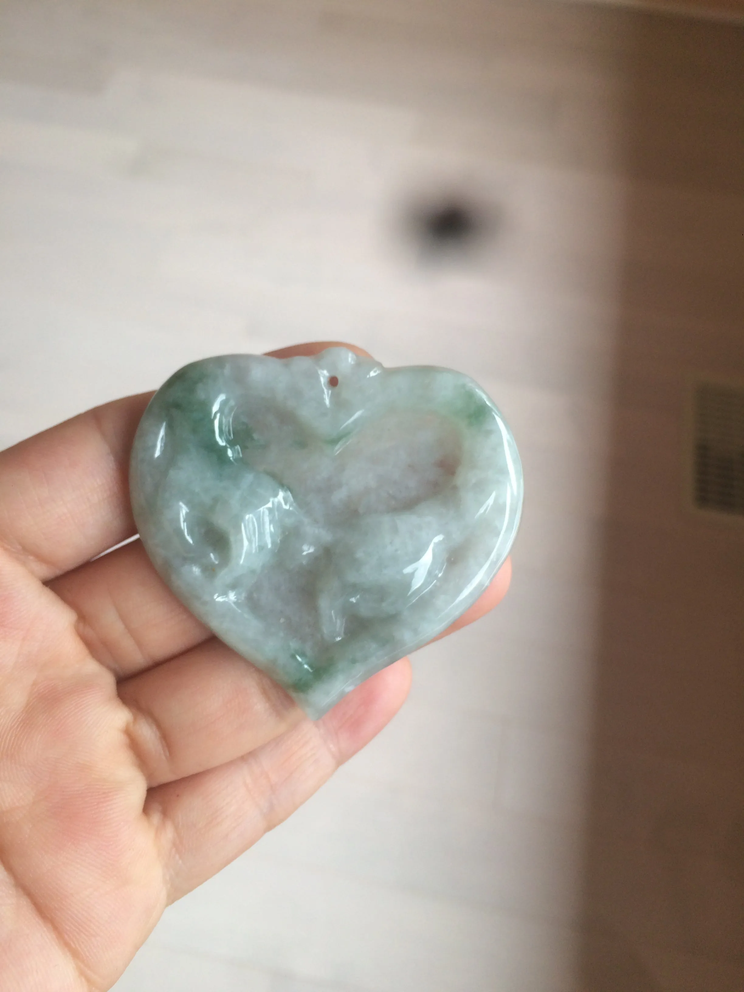 100% Natural type A light green/white concentric hearts/pinky promise(执子之手，与子偕老) jadeite Jade pendant necklace AZ74