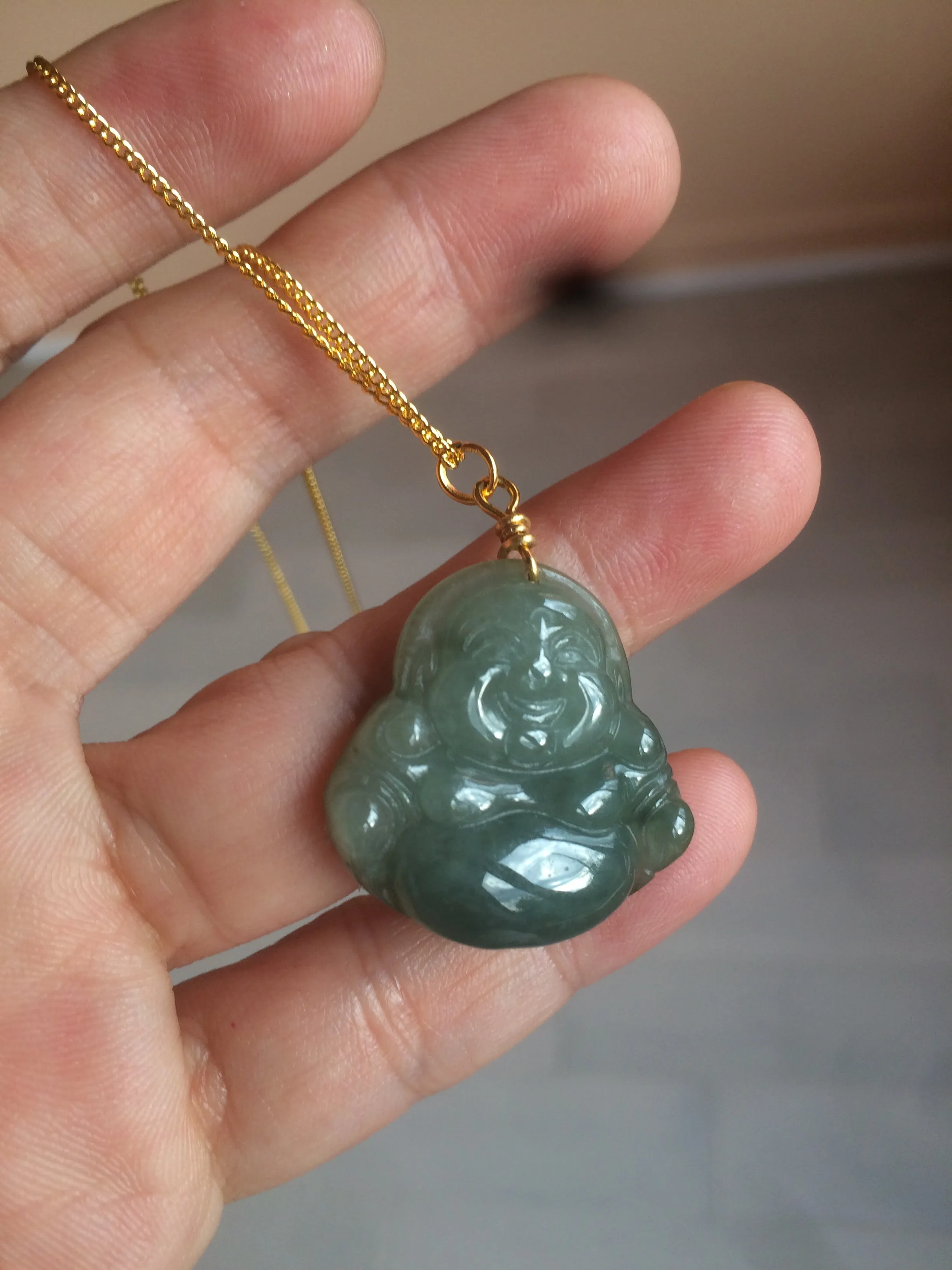 100% Natural type A oily dark green/gray/black small happy buddha jadeite Jade pendant necklace AQ52 add on item