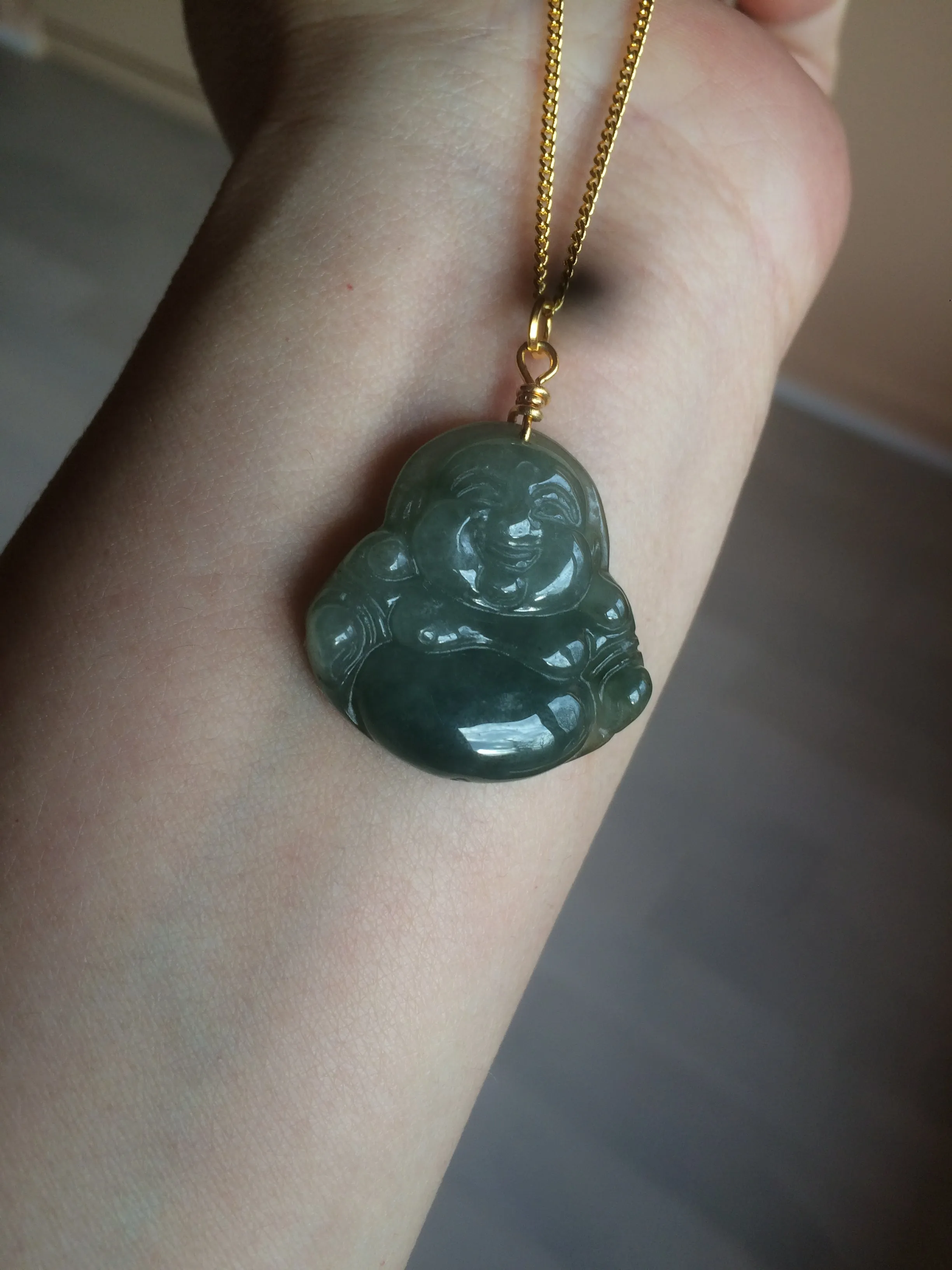 100% Natural type A oily dark green/gray/black small happy buddha jadeite Jade pendant necklace AQ52 add on item