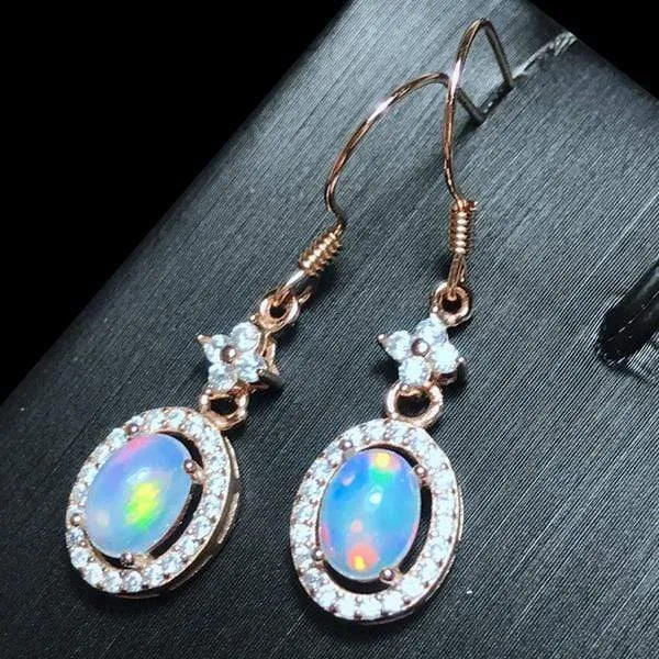 1.20 CT GENUINE ETHIOPIAN OPAL & CREATED WHITE SAPPHIRE 925 STERLING SILVER DANGLE EARRINGS