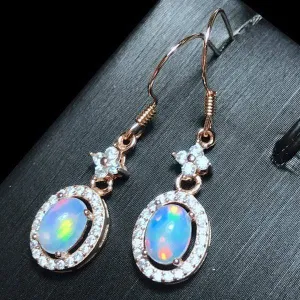 1.20 CT GENUINE ETHIOPIAN OPAL & CREATED WHITE SAPPHIRE 925 STERLING SILVER DANGLE EARRINGS