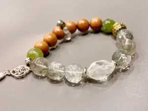 12mm Green Phantom   11mm Six-Path Wood   Grapefruit Jade   Clear Quartz Bracelet