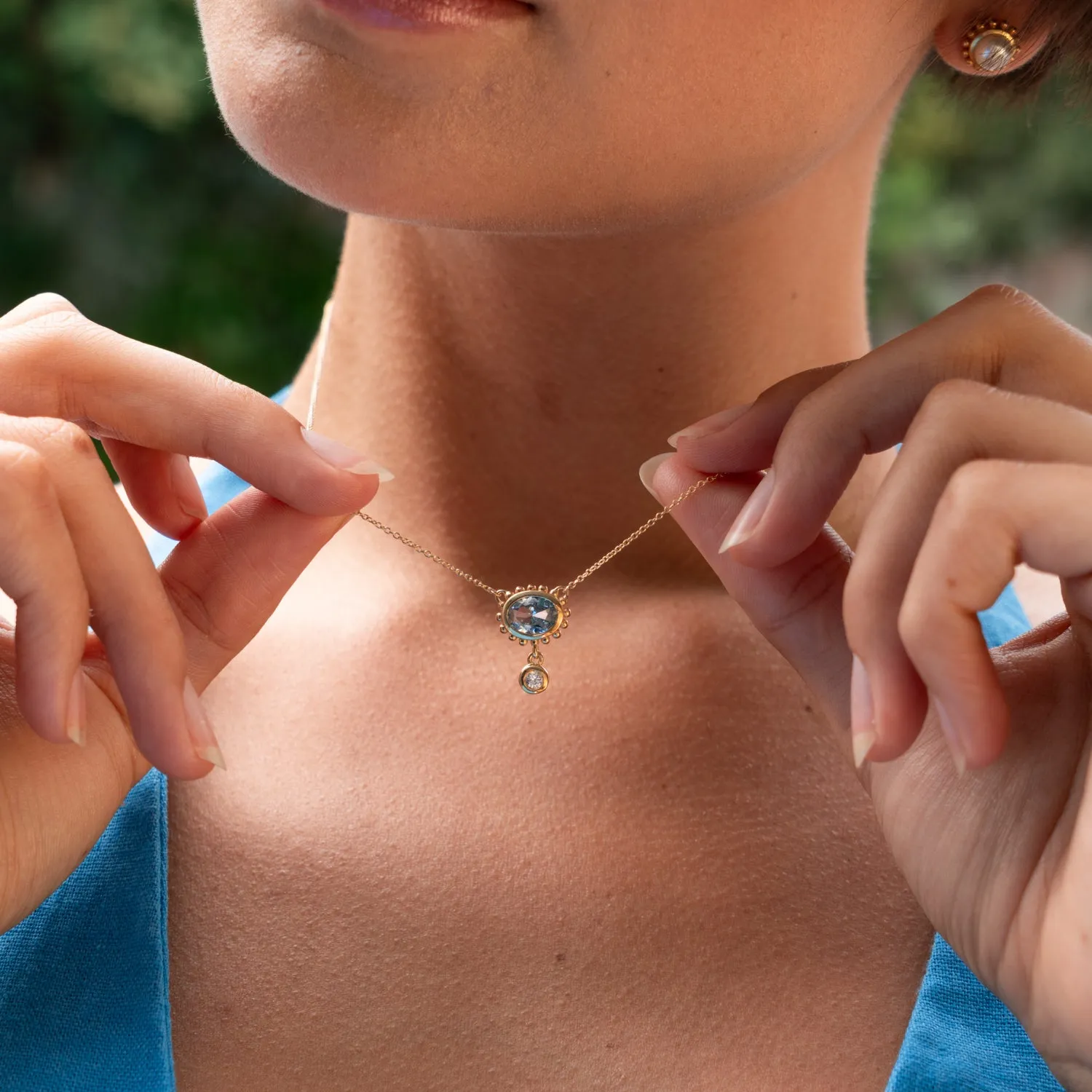 14k Gold Anemone Pendant with Blue Topaz & Diamond