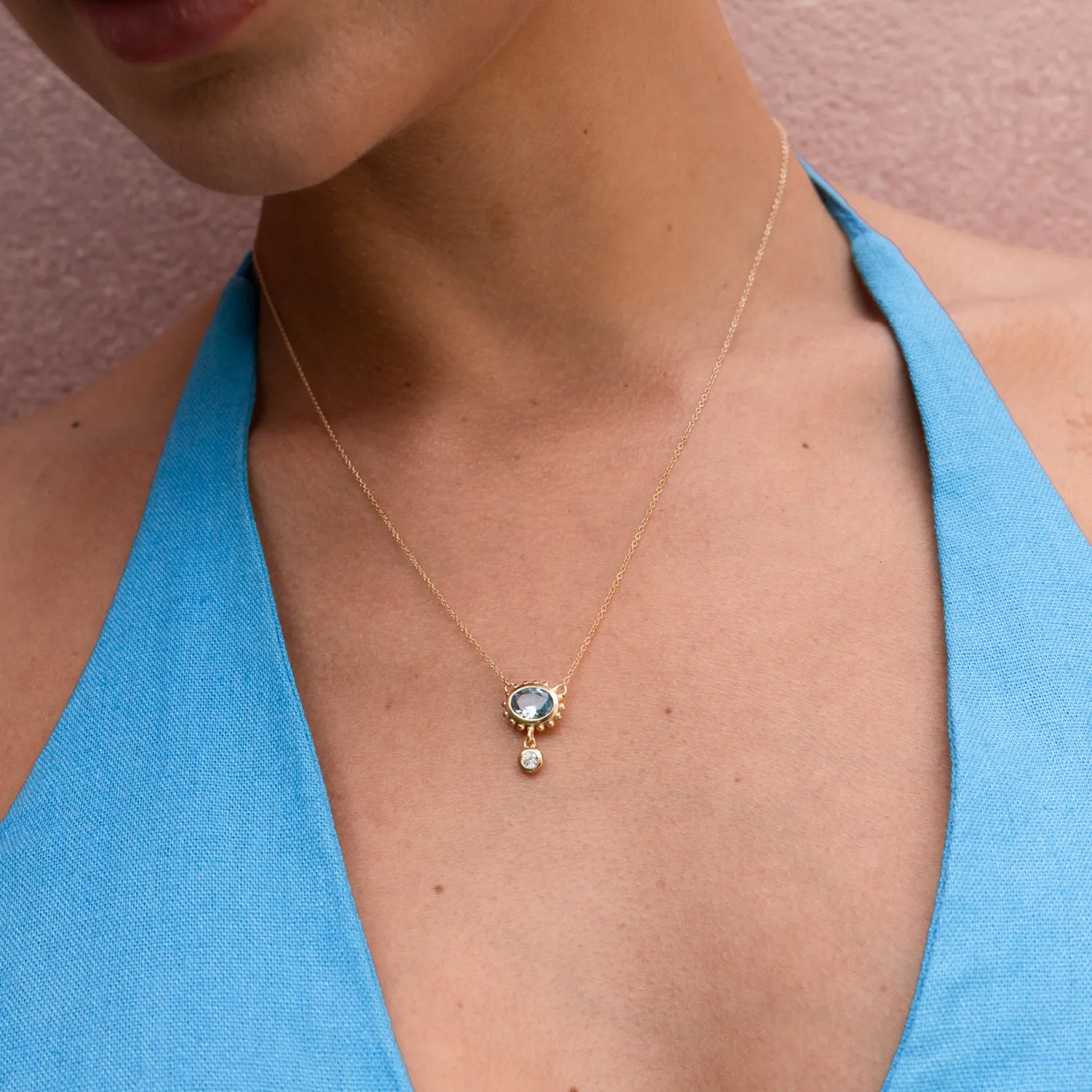 14k Gold Anemone Pendant with Blue Topaz & Diamond
