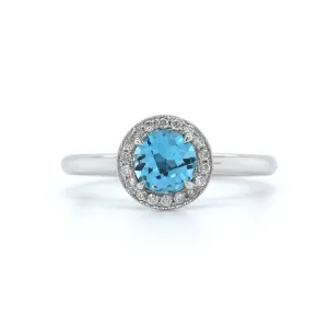 14K White Gold Blue Topaz with Diamond Halo Ring