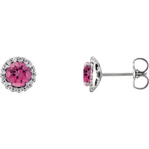 14KT GOLD 0.56 CTW PINK TOURMALINE & 1/6 CTW DIAMOND HALO EARRINGS