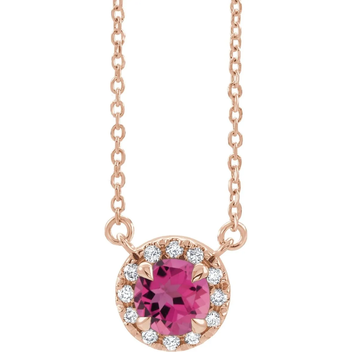 14KT GOLD 3/4 CT PINK TOURMALINE & 1/10 CTW DIAMOND ROUND HALO NECKLACE