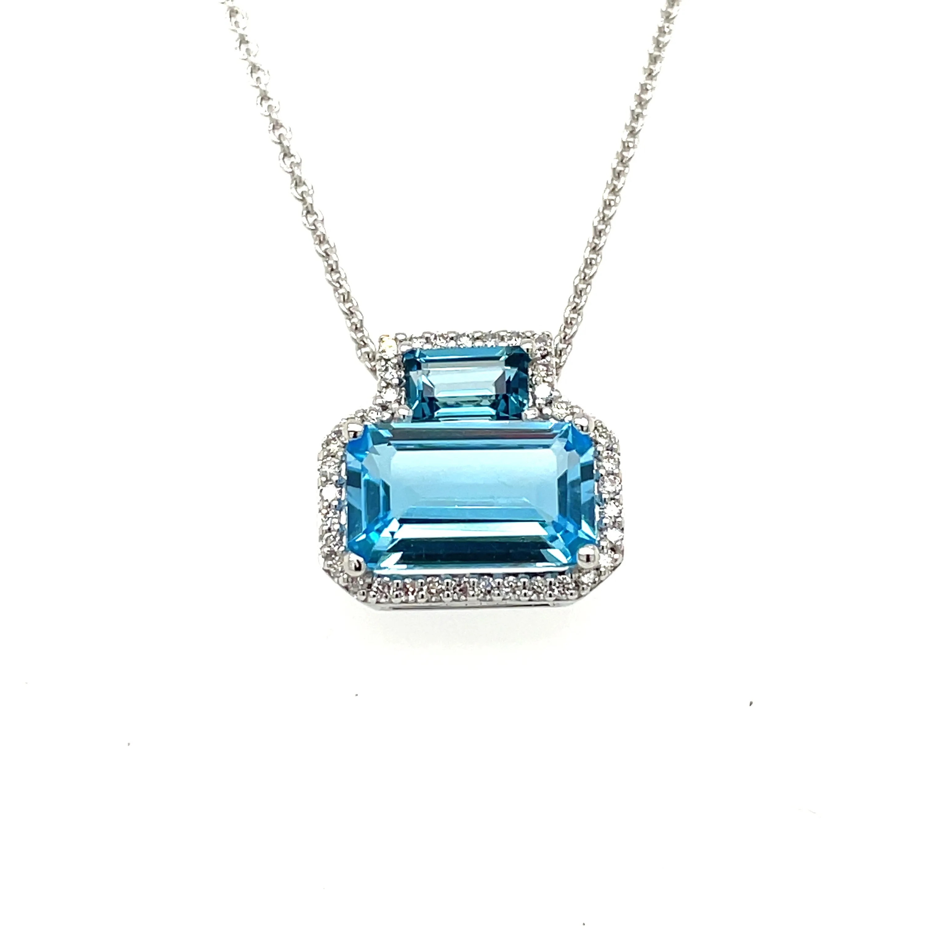 14KW Blue Topaz and Diamond Pendant, 18" Chain