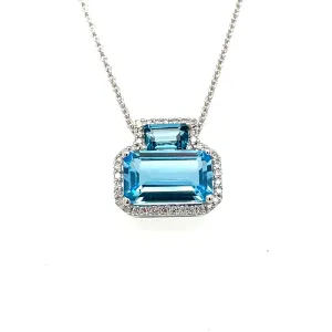 14KW Blue Topaz and Diamond Pendant, 18" Chain
