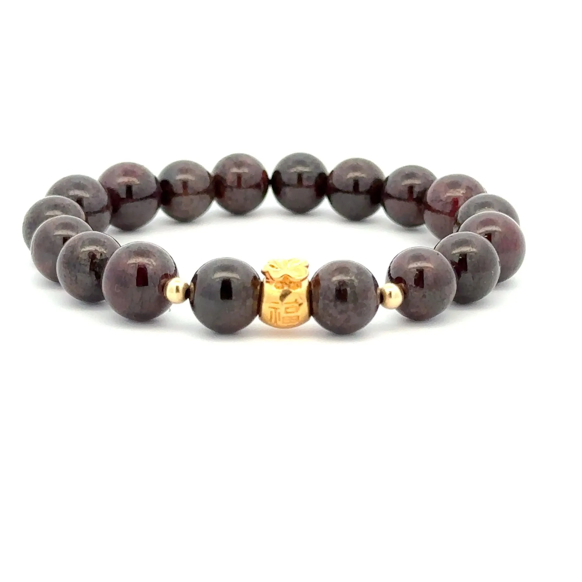 18K Gold Money Bag Lucky Charm Beads Bracelet Gemstones Garnet 8-8.5mm