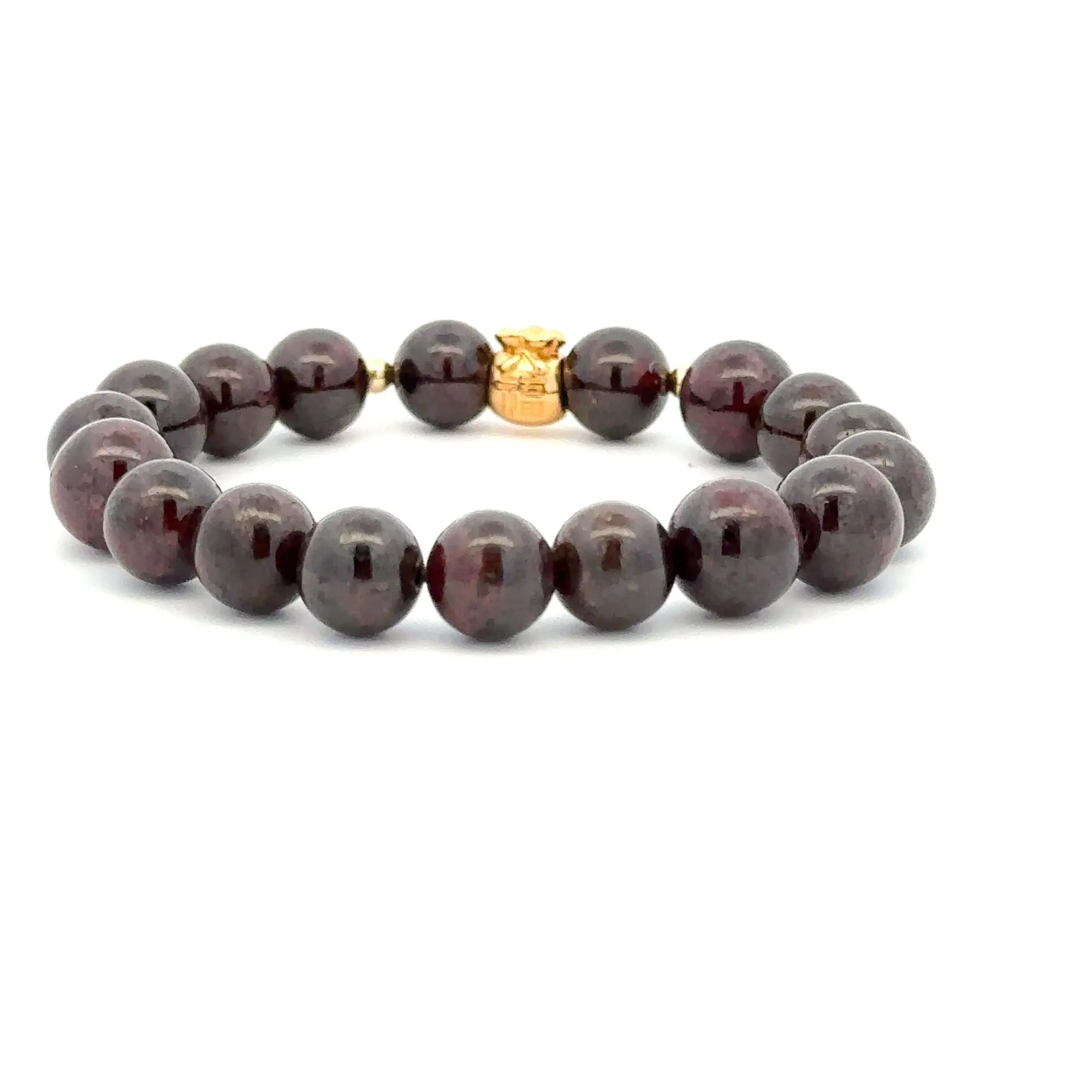 18K Gold Money Bag Lucky Charm Beads Bracelet Gemstones Garnet 8-8.5mm
