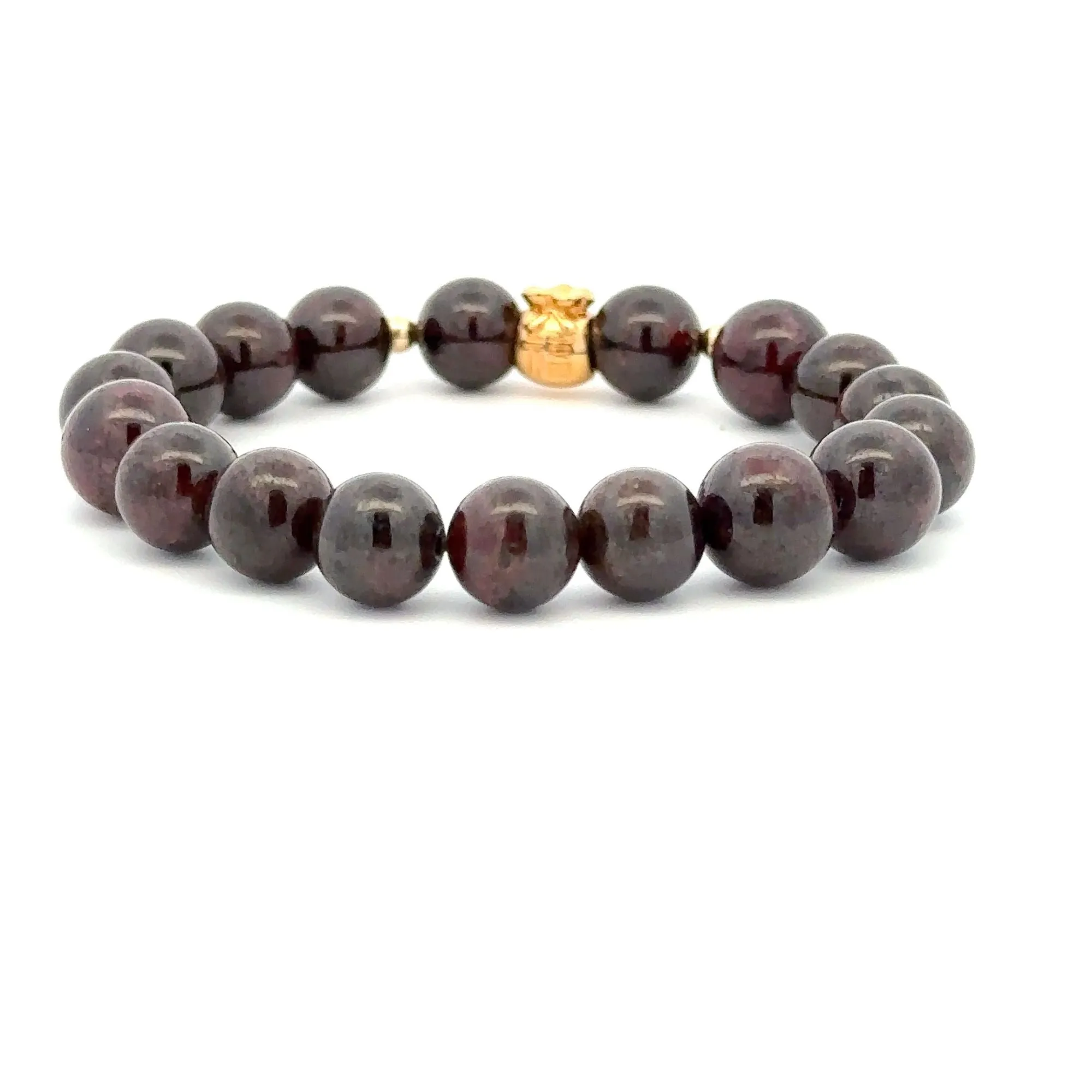 18K Gold Money Bag Lucky Charm Beads Bracelet Gemstones Garnet 8-8.5mm