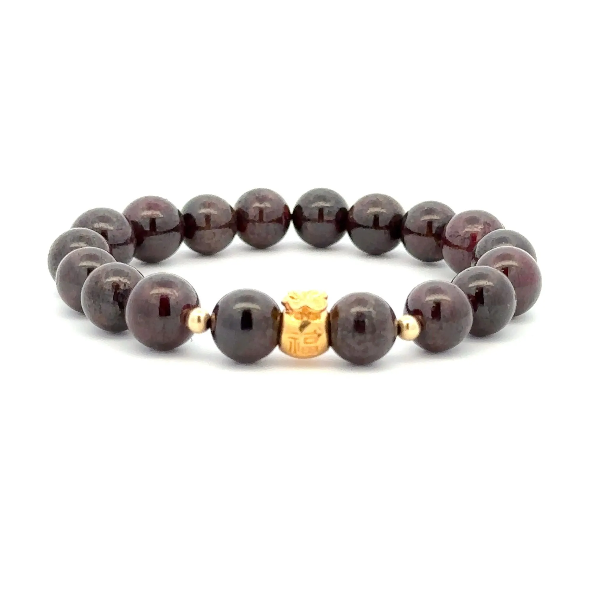 18K Gold Money Bag Lucky Charm Beads Bracelet Gemstones Garnet 8-8.5mm