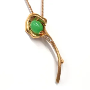 18K Rose Gold Genuine Imperial Jadeite Pendant & Brooch with Diamonds (2 in 1)