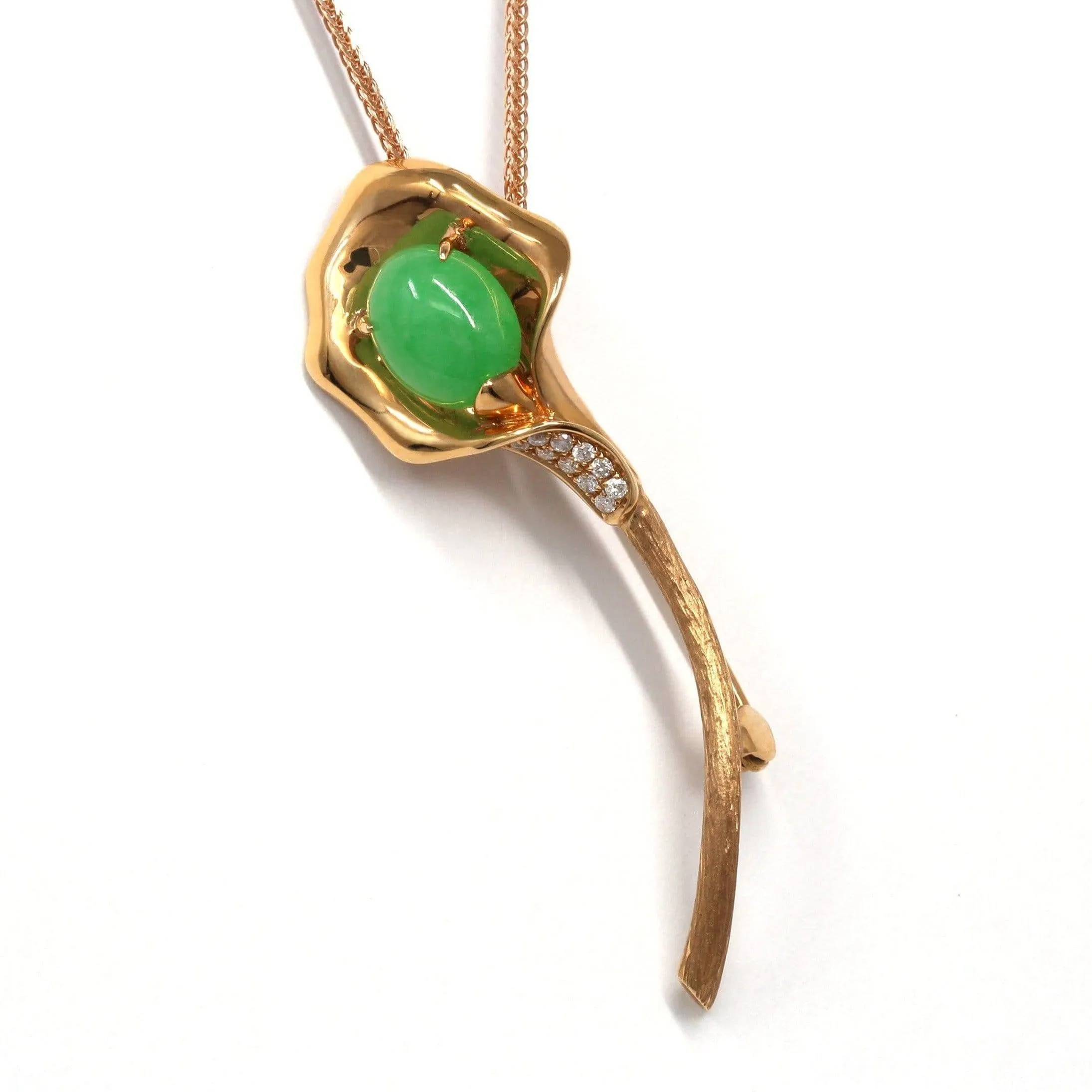 18K Rose Gold Genuine Imperial Jadeite Pendant & Brooch with Diamonds (2 in 1)