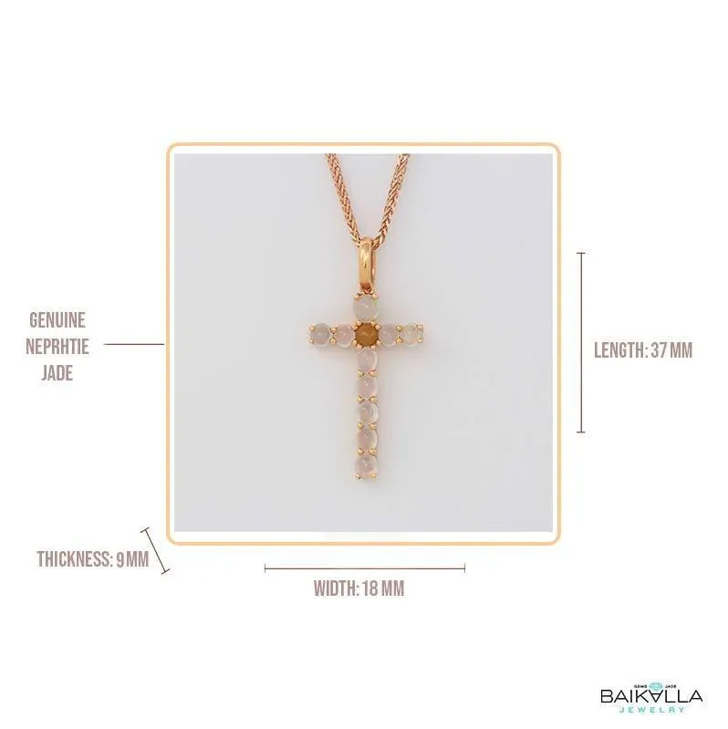 18k Rose Gold White Translucent Burmese Ice & Yellow Jadeite Cross Pendant Necklace
